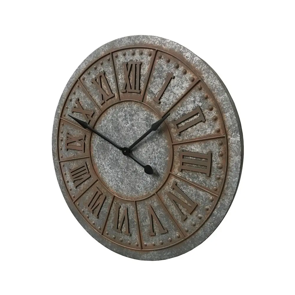 ~ Grande horloge murale décorative vintage salon métal gris rouille 90cm Chemin de campagne