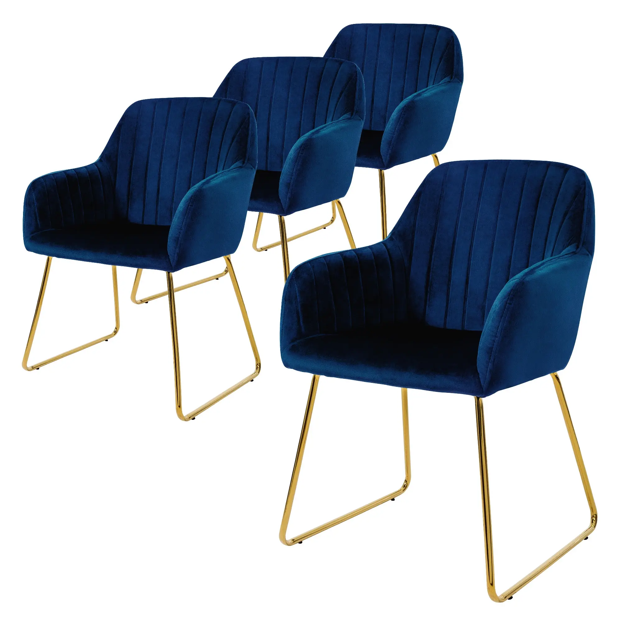 Lot de 4 chaises de salle à manger bleu dossier et accoudoirs ergonomiques revêtement en velours respirant piètement doré en métal design élégant