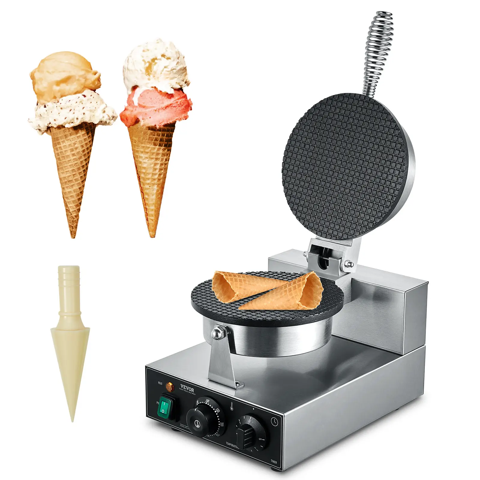 VEVOR Gaufrier à cornet glace commercial 1230W, appareil cornet et rouleaux œufs, inox.