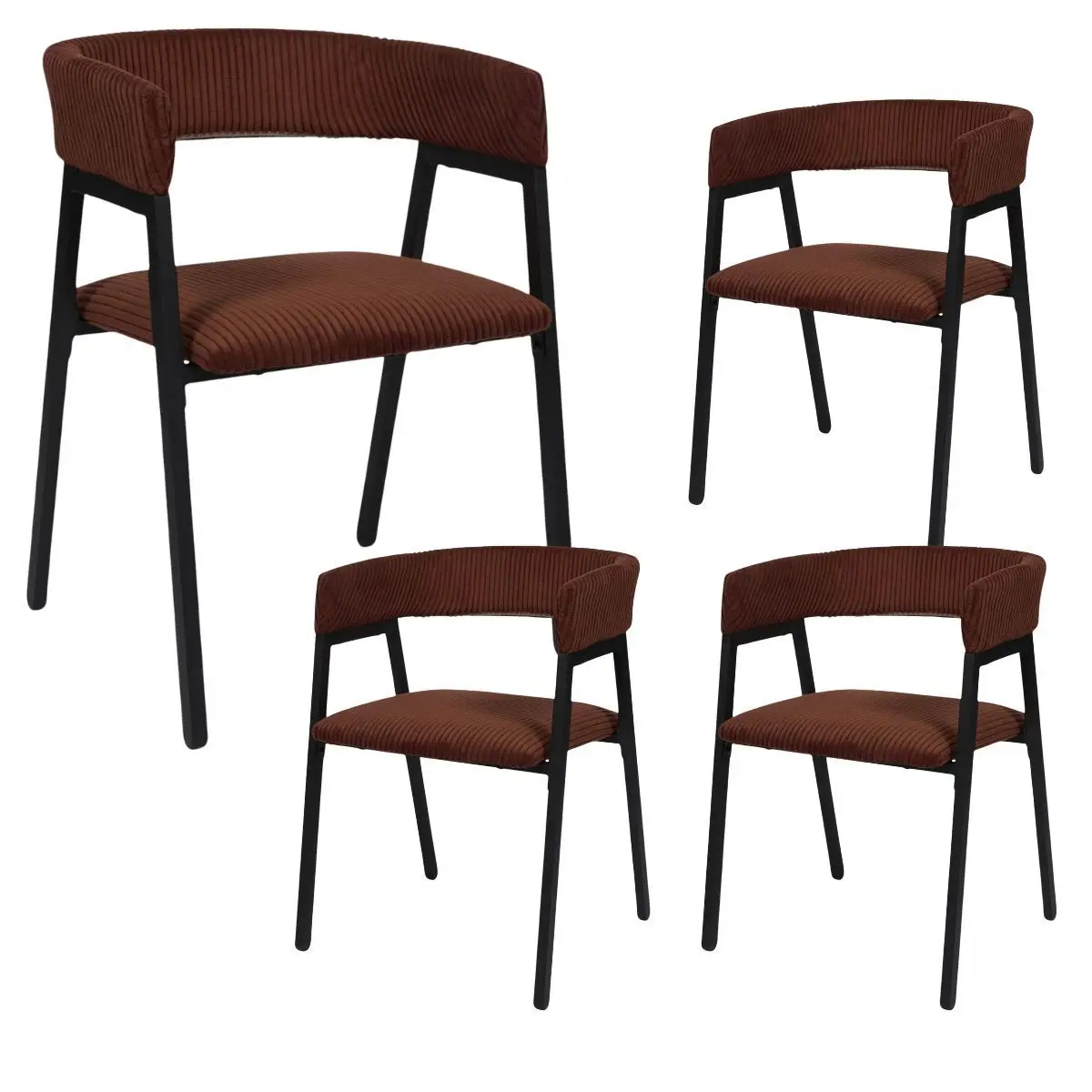 Lot de 4 fauteuils de table design en métal et velours côtelé coloris terracotta – AMORY