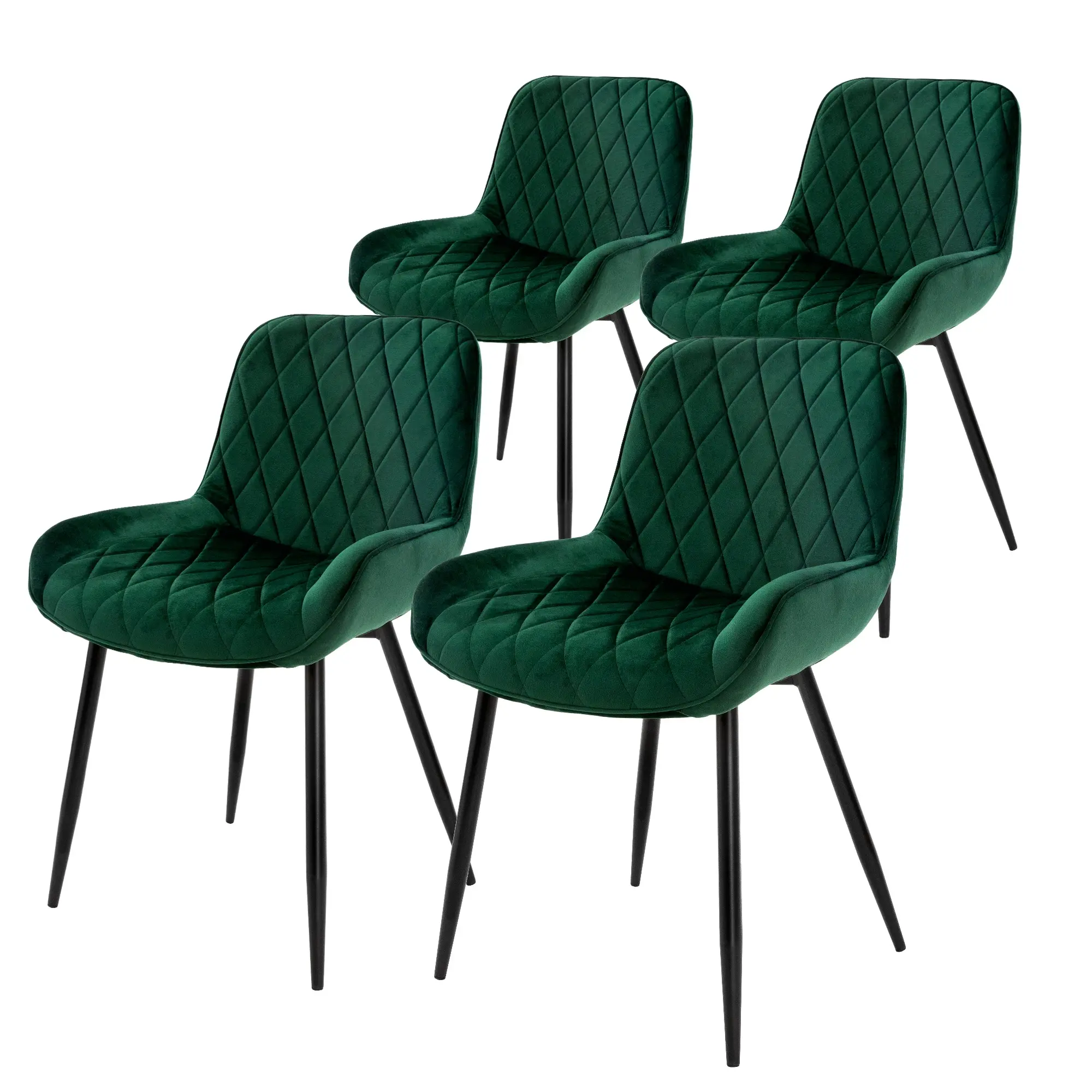 Lot de 4 chaises de salle à manger vert foncé assise ergonomique revêtement en velours doux pieds noir en acier patins en plastique pré-montés