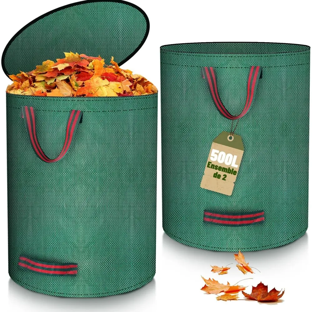 Lot de 2 sacs déchets verts 500L – Imperméable et résistant – Poignées renforcées – Couvercle zip – Réutilisable