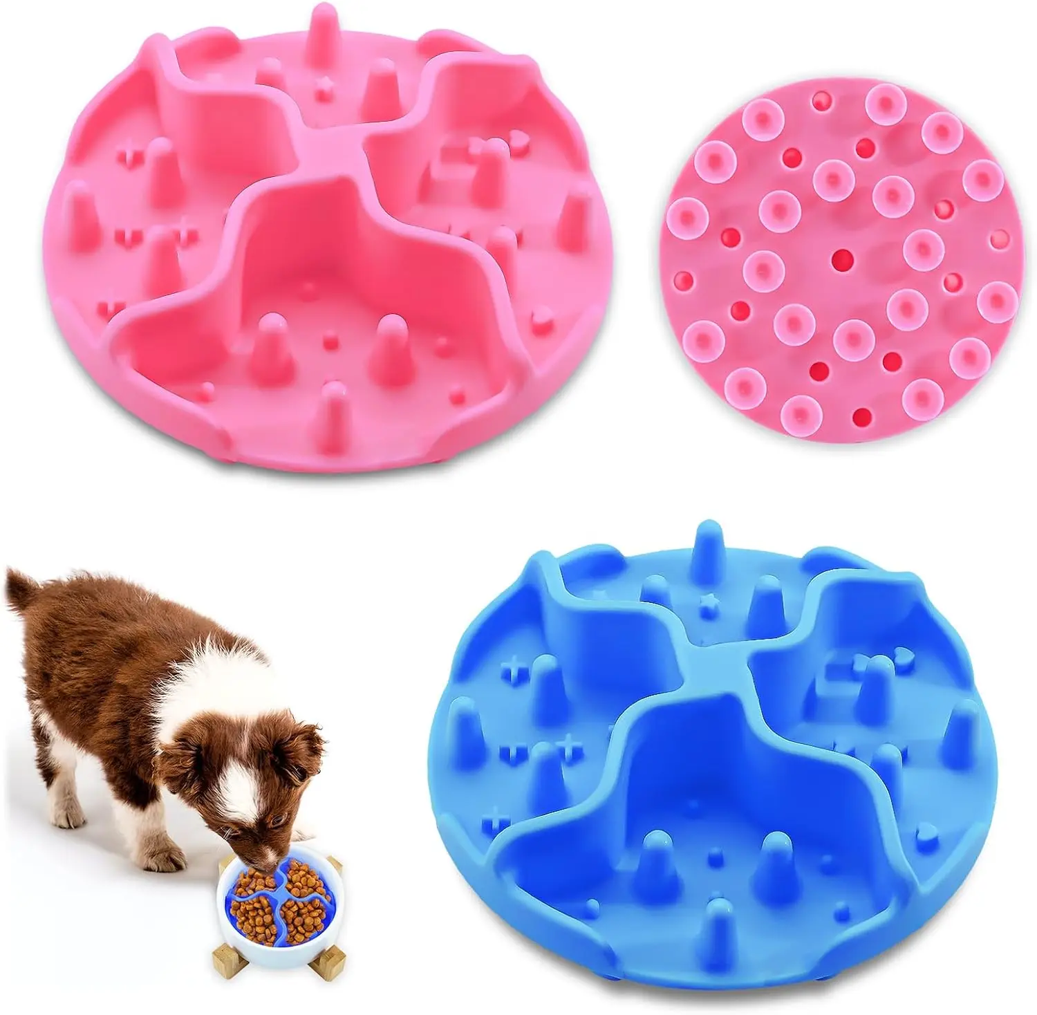 Lot de 2 gamelles à alimentation lente en silicone souple pour chien rose bleu Vendos85