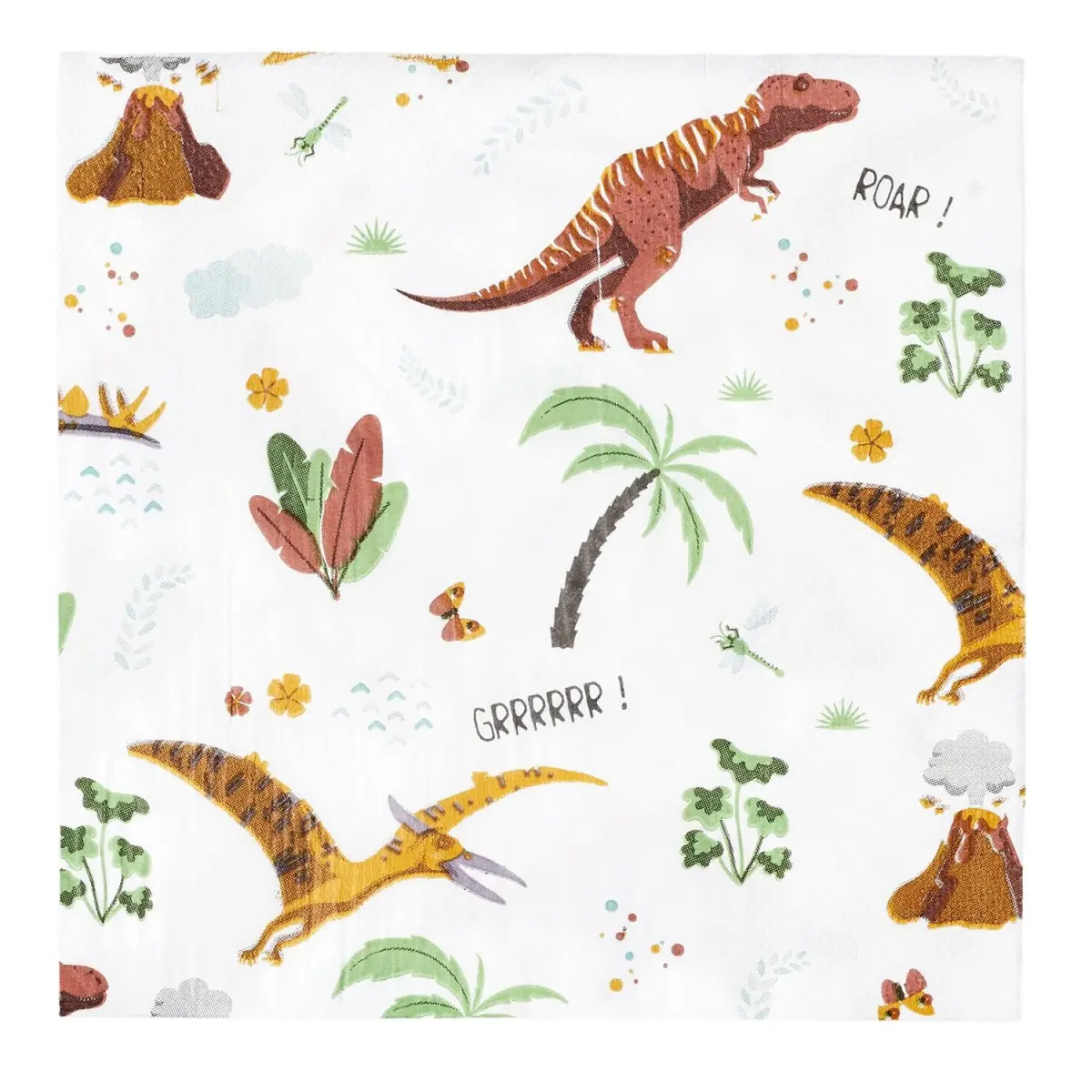 Lot de 20 Serviettes en Papier «Dinosaure» 33x33cm Blanc