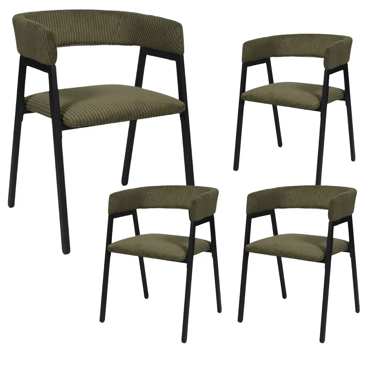 Lot de 4 fauteuils de table design en métal et velours côtelé coloris vert – AMORY