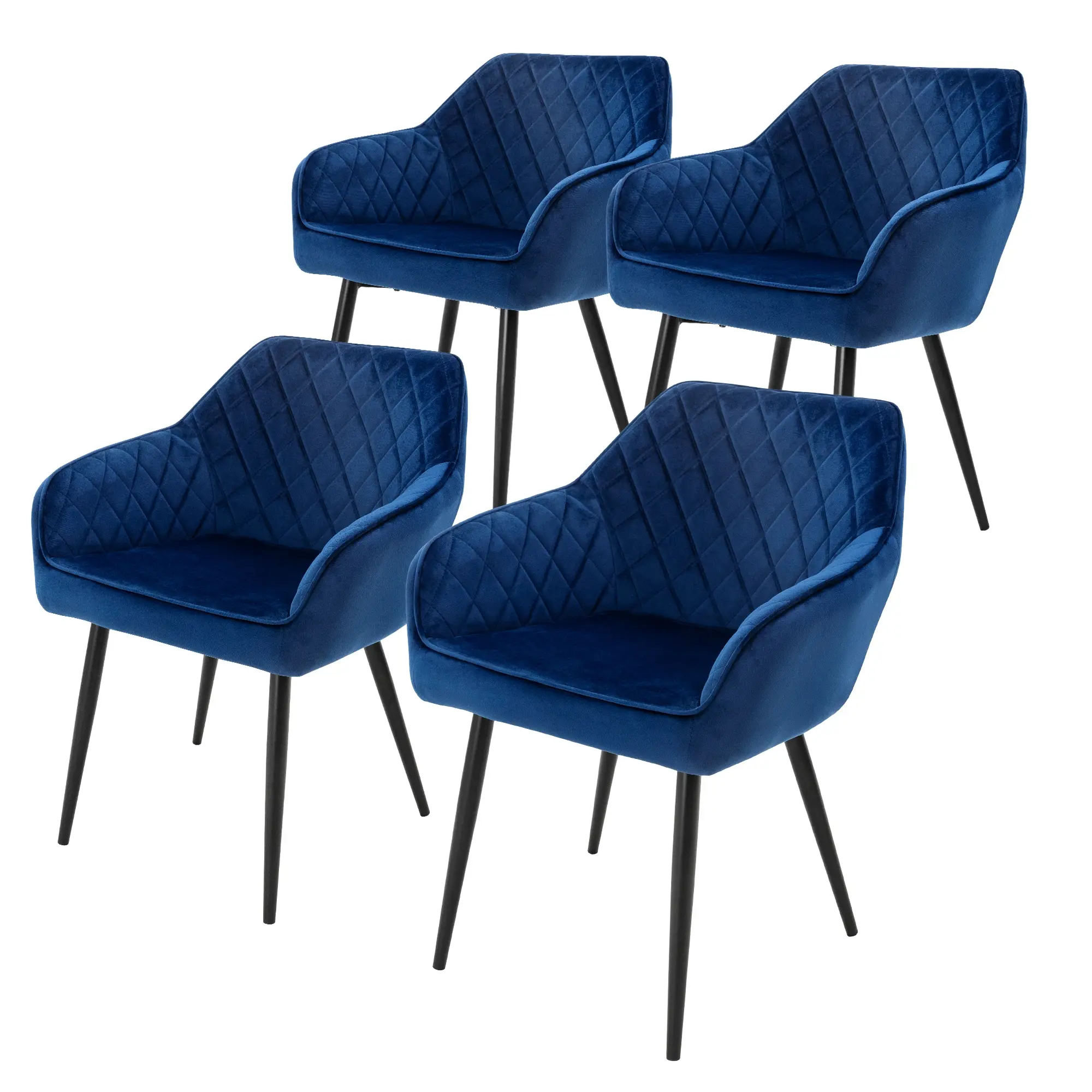 Lot de 4 chaises de salle à manger bleu foncé dossier et accoudoirs ergonomiques revêtement en velours respirant pieds noir en acier design moderne