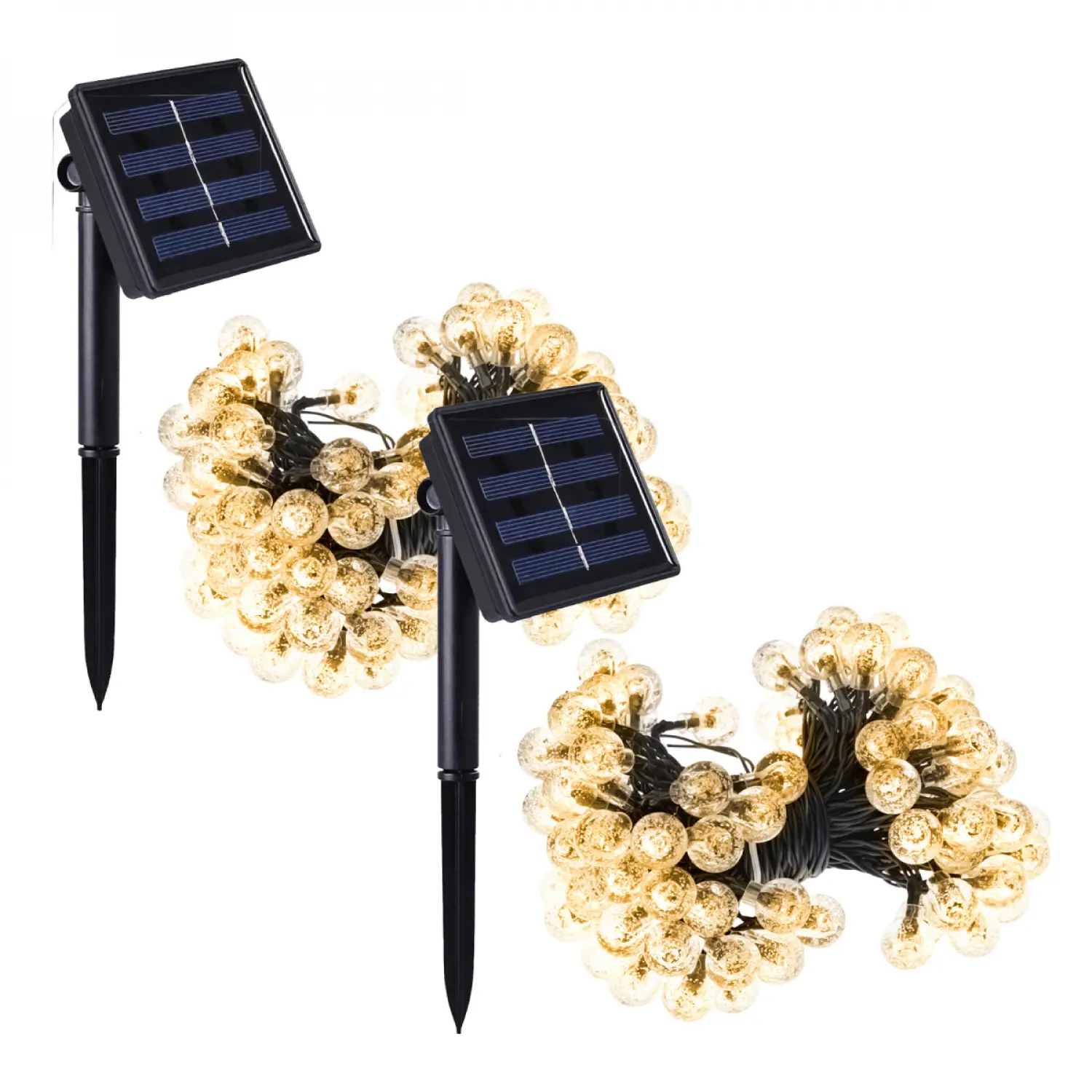 Lot de 2 guirlandes solaires extérieures lumineuses jardin, terrasse – Grosses ampoules LED Ø 2.2 cm, 8 modes – 12 m – Blanc chaud – Linxor