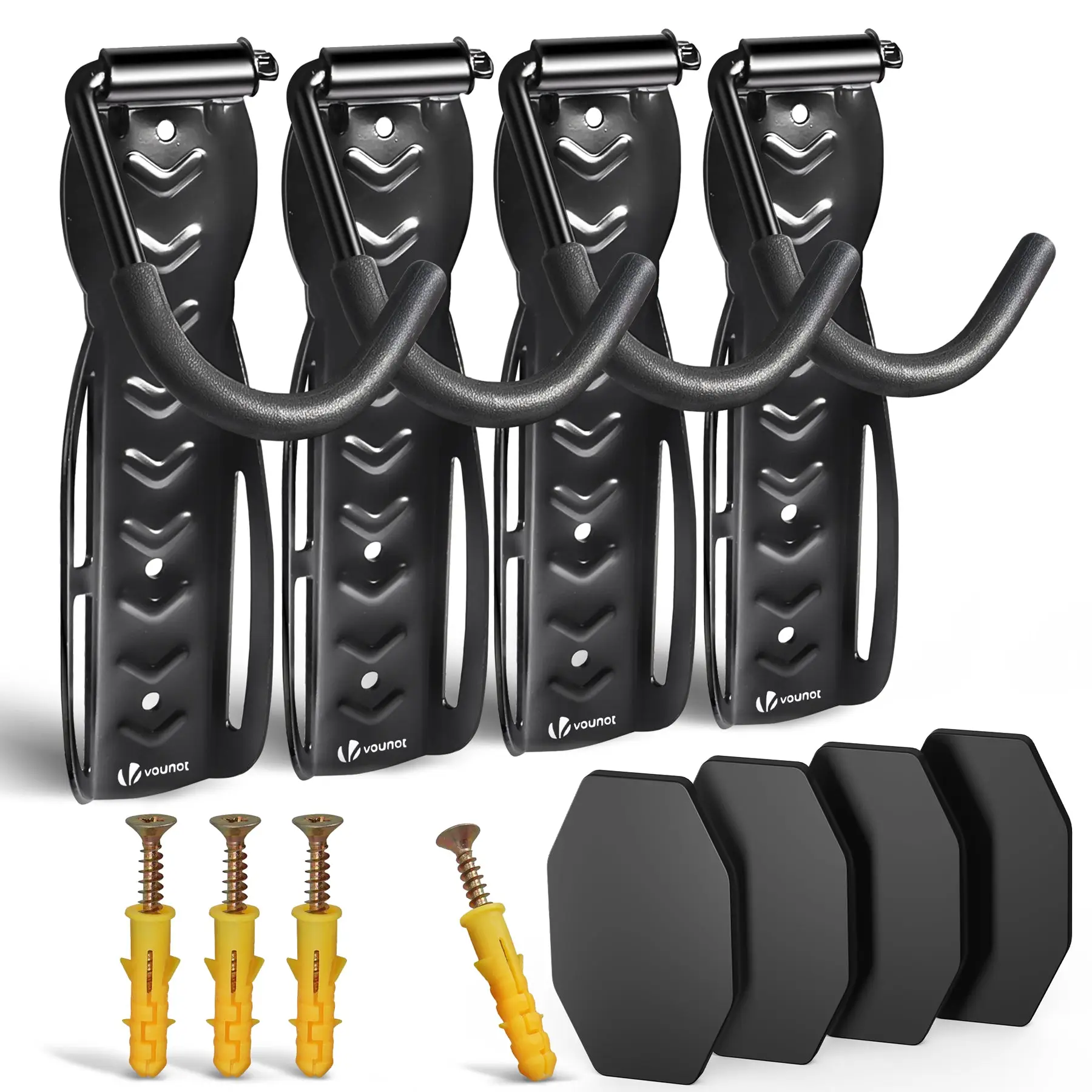 Lot de 4 supports de vélo mural avec coussinets de protection – Crochet de mur – Rangement suspendu en acier pour garage maison – Noir – VOUNOT®