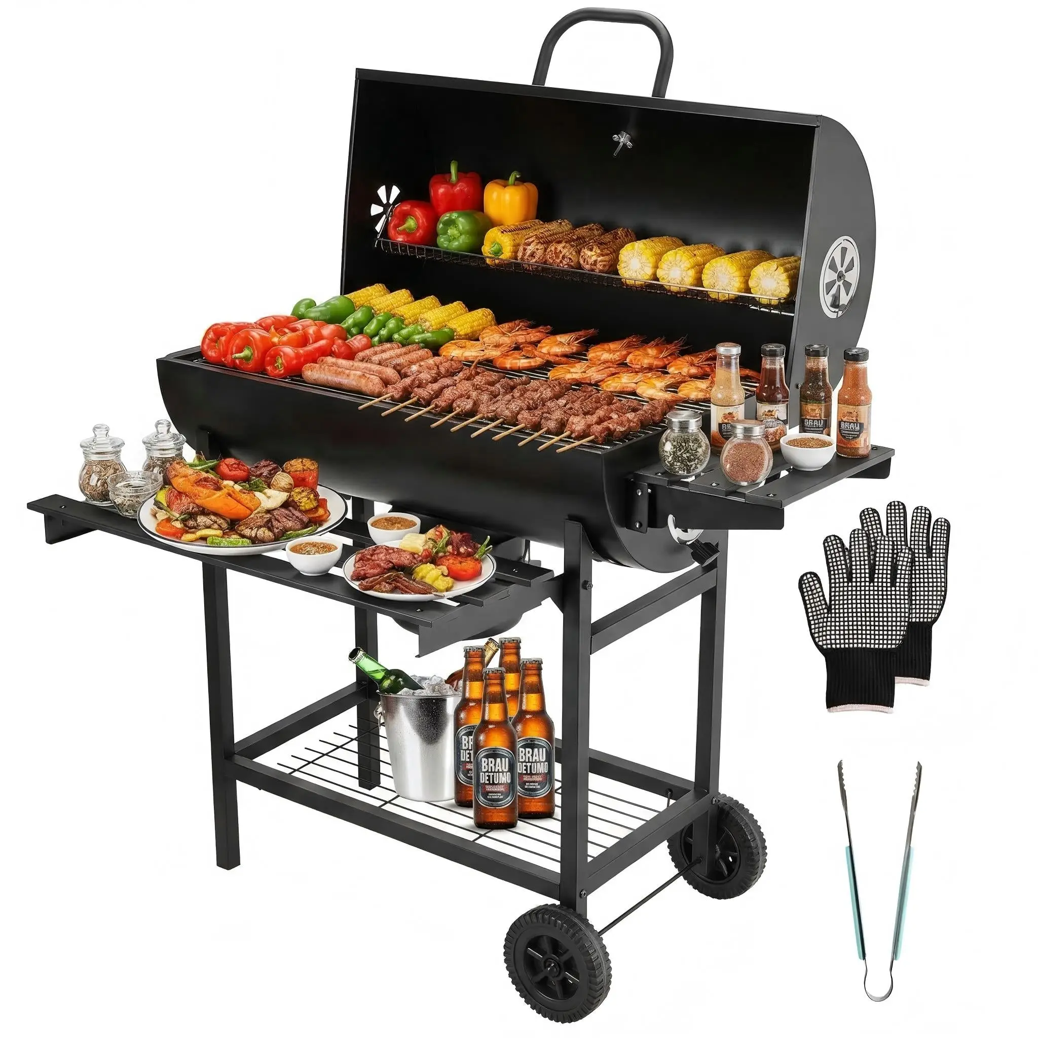 Gril à charbon de bois, gril à charbon de bois XXL avec couvercle, thermomètre, tiroir à cendres, gants anti