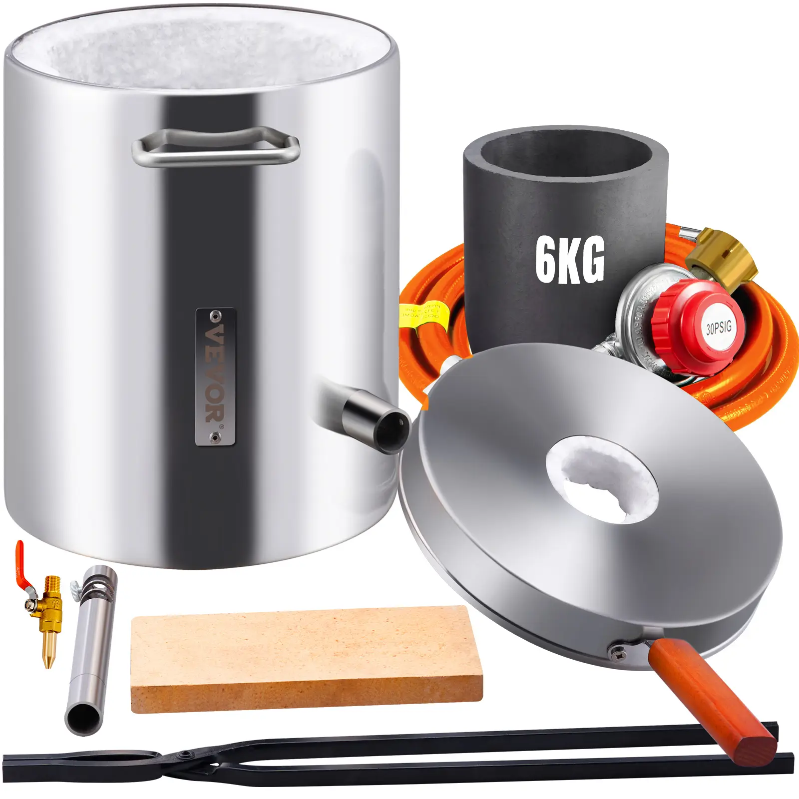 VEVOR Four fusion gaz 6kg 1482°C, propane, creuset graphite, corps inox, 1 brûleur, pince, pour fondre métaux.