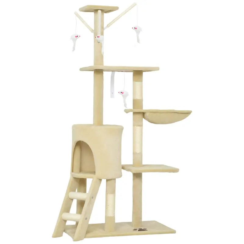Grattier pour chat avec cachette, 4 jouets, colonnes en sisal, grande plateforme, échelle,60 x 35 x 134 cm, Beige