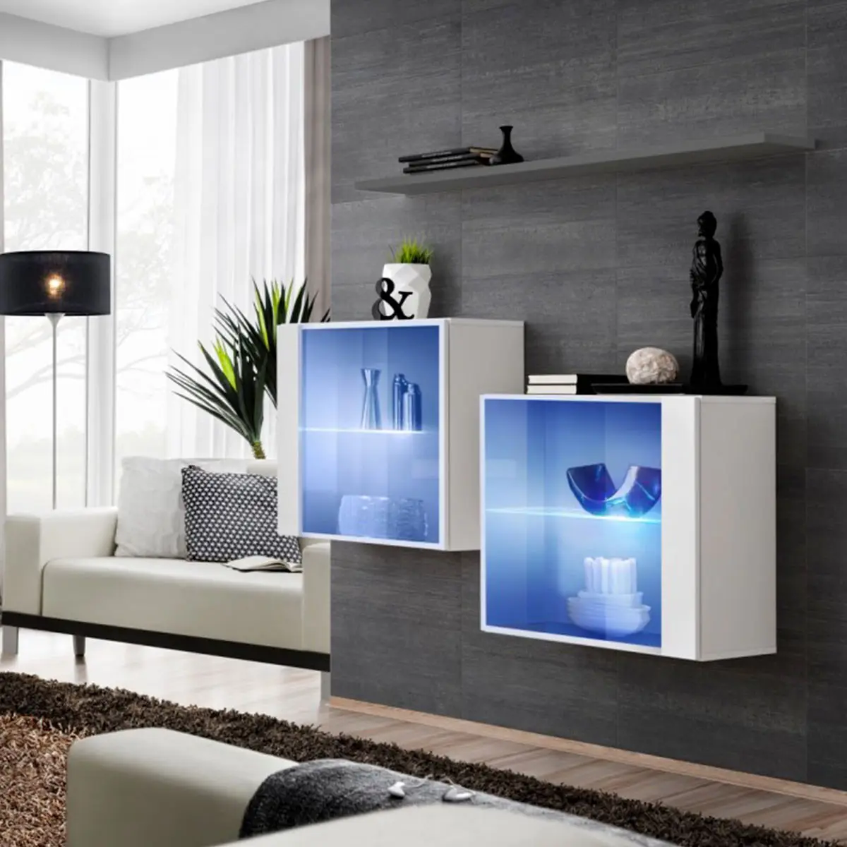 Lot de 2 Vitrines Murales & Étagère «Switch SBIII» 130cm Blanc & Gris