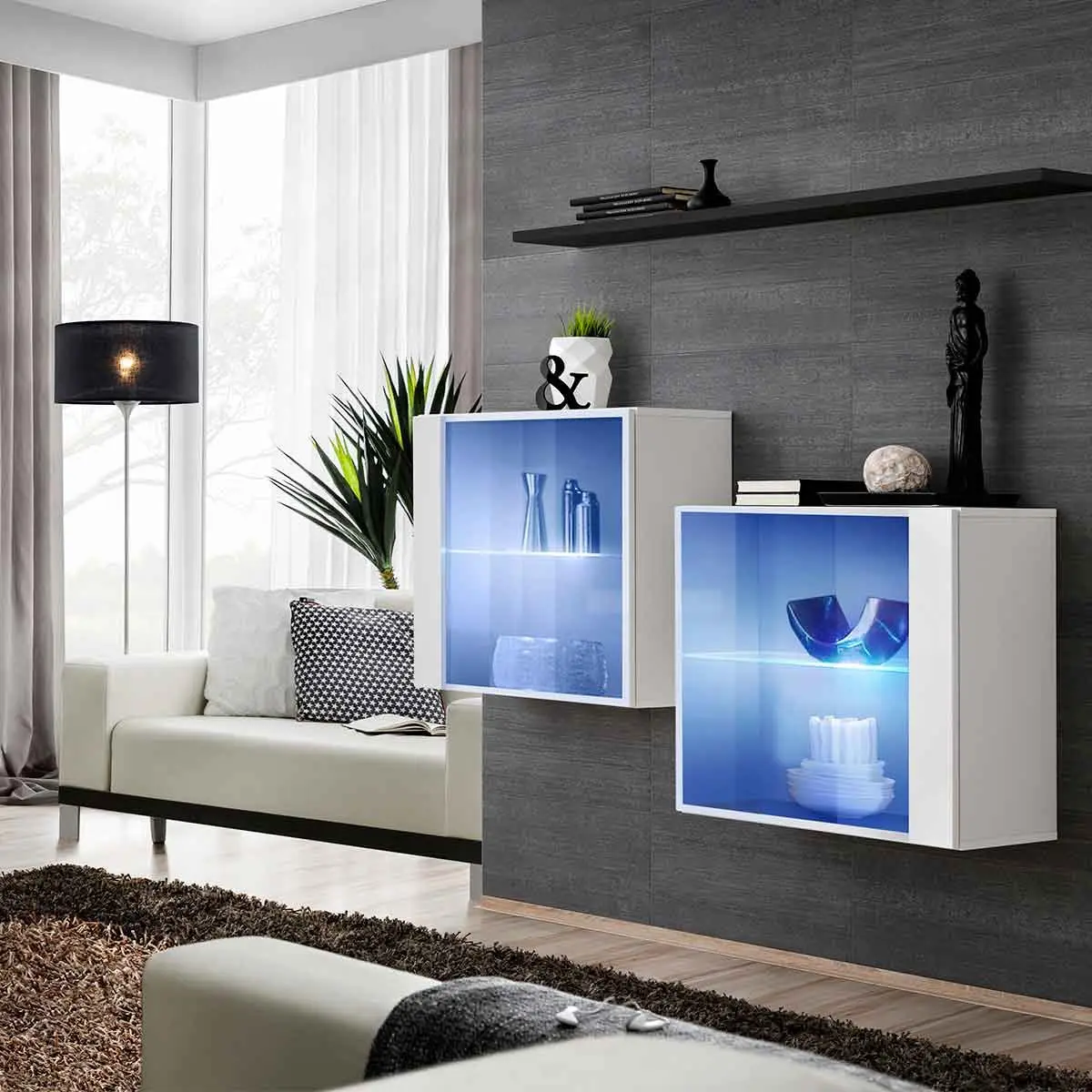 Lot de 2 Vitrines Murales & Étagère «Switch SBIII» 130cm Blanc & Noir