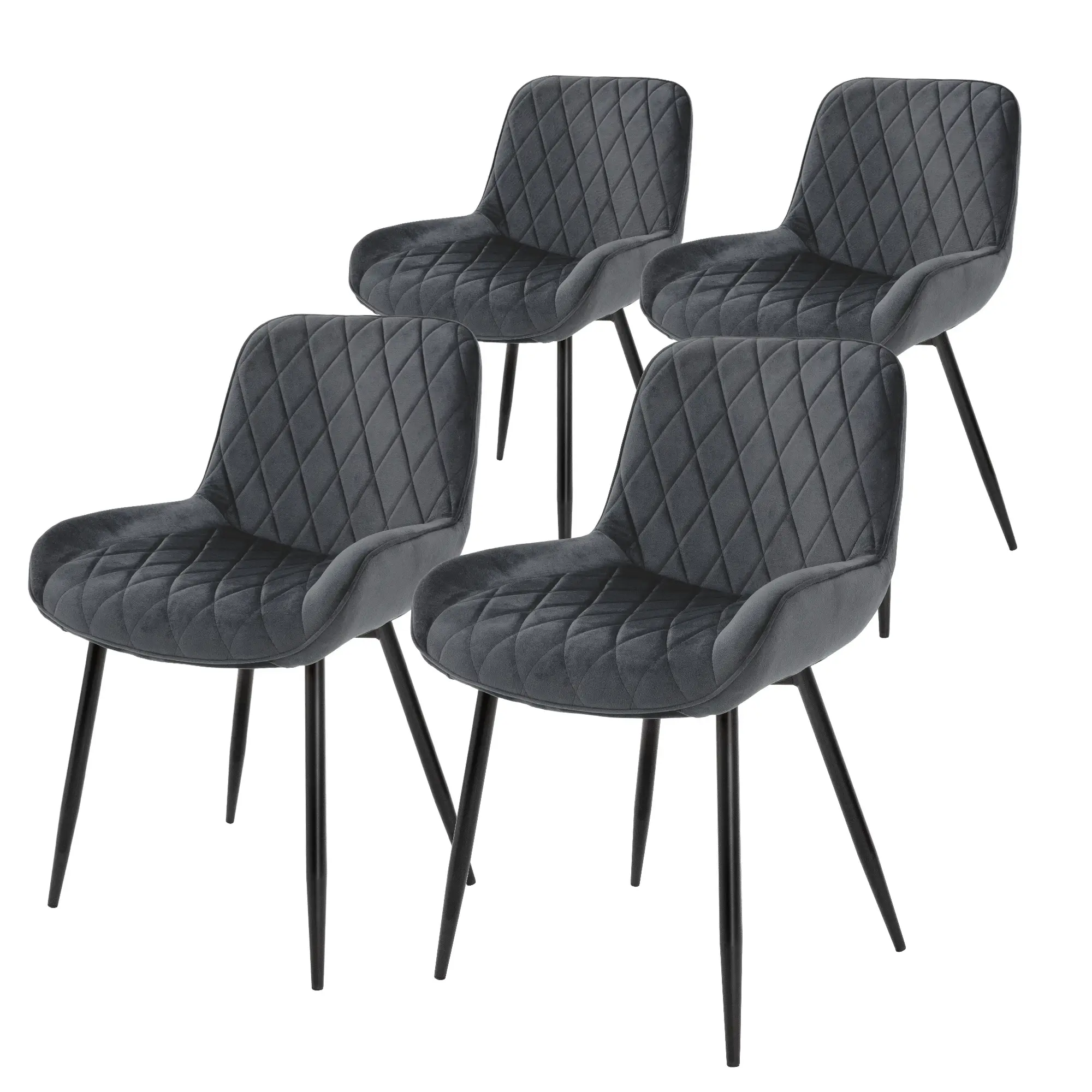 Lot de 4 chaises de salle à manger anthracite assise ergonomique revêtement en velours doux pieds noir en acier patins en plastique pré-montés