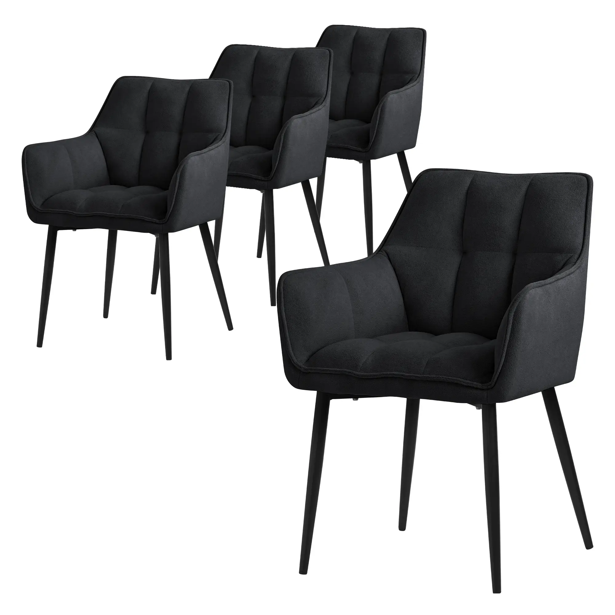 Lot de 4 chaises de salle à manger noir dossier et accoudoirs ergonomiques assise rembourrée en tissu éponge piètement noir en métal design moderne