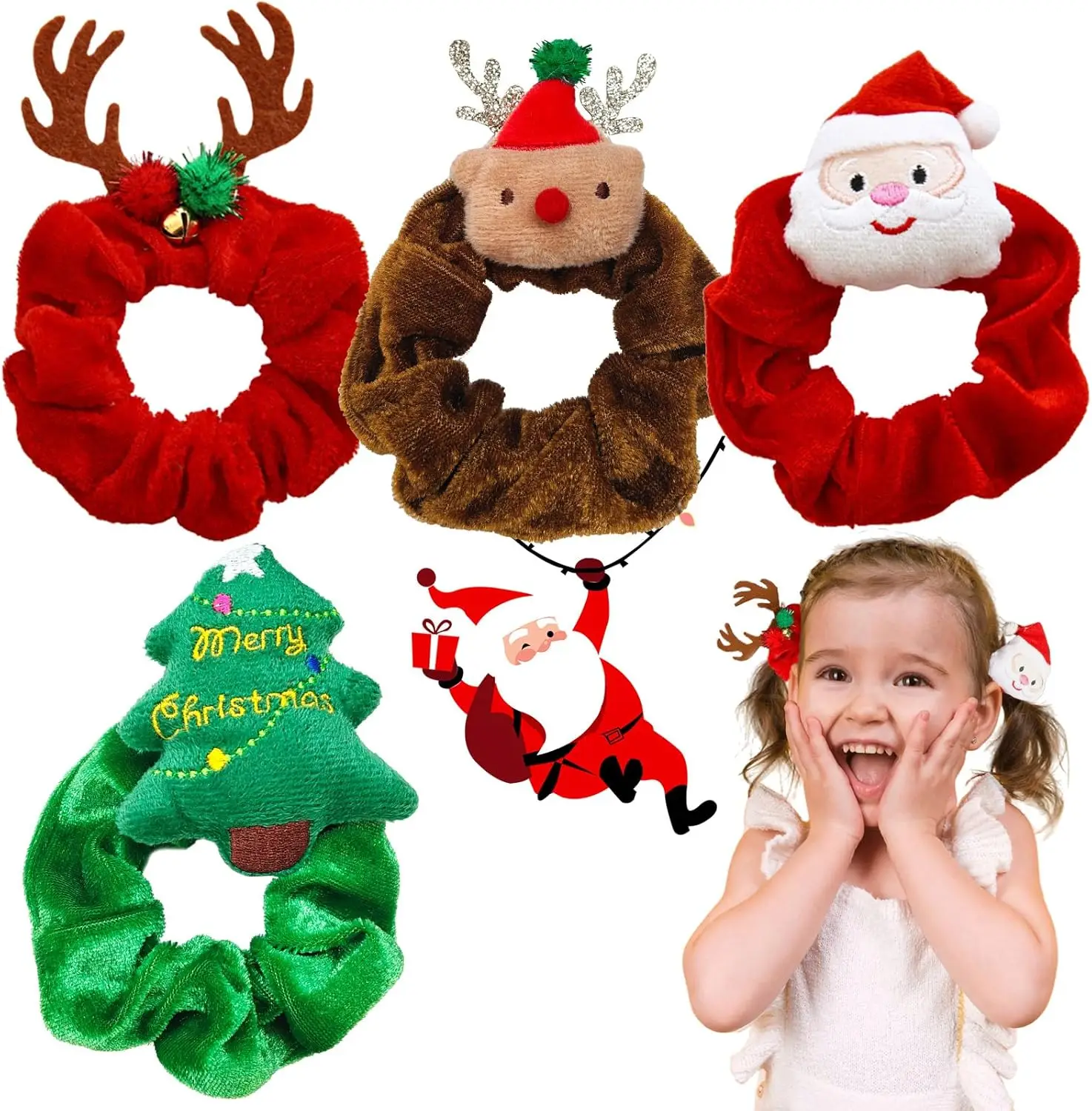 Lot de 4 chouchous de Noël en velours – Motifs renne, Père Noël et sapin de Noël pour et femmes, accessoires pour cheveux élastiques – Idéal