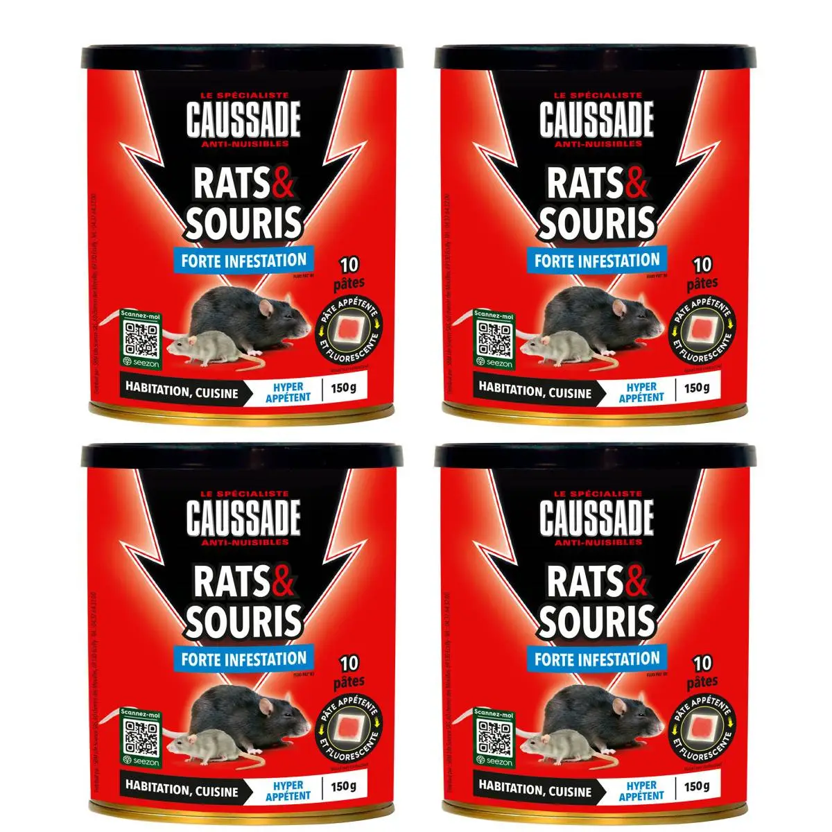 Lot de 4 boites de Raticide Rats & Souris – Pat’Appât forte infestation 150gs , boite de 10 x 15grs