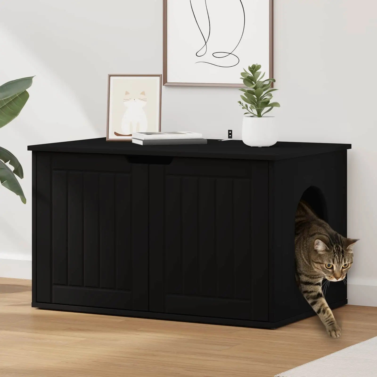 Grande maison pour chat en bois Niche d’intérieur spacieuse 85x55x50,5 cm Noir