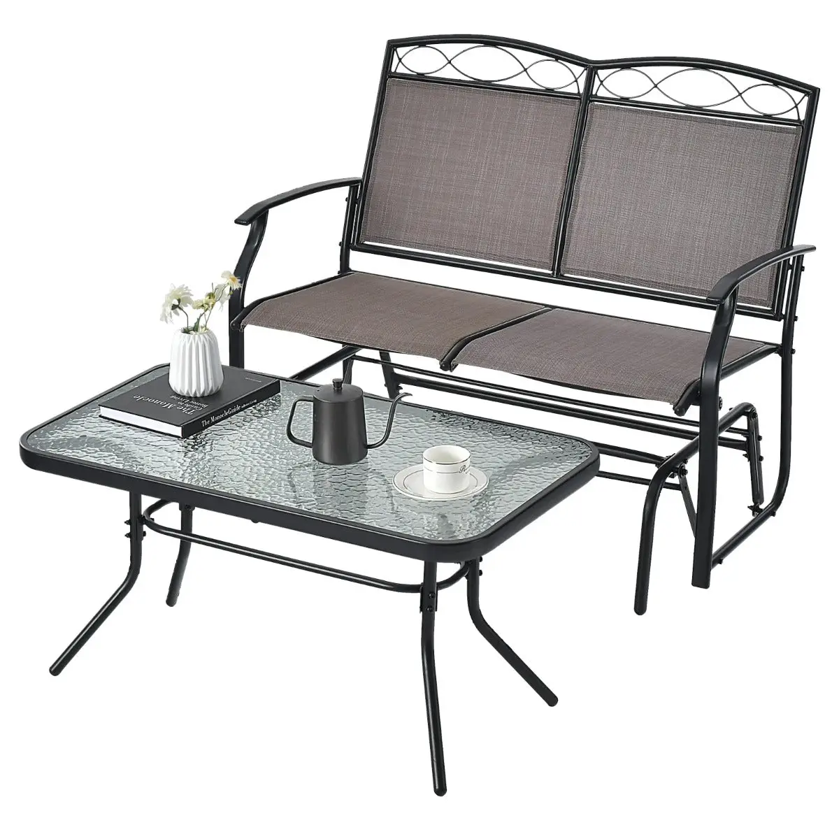 Lot de 2 pièces salon de jardin 104 x 72 x 94 cm causeuse à bascule confortable avec table basse design en métal marron