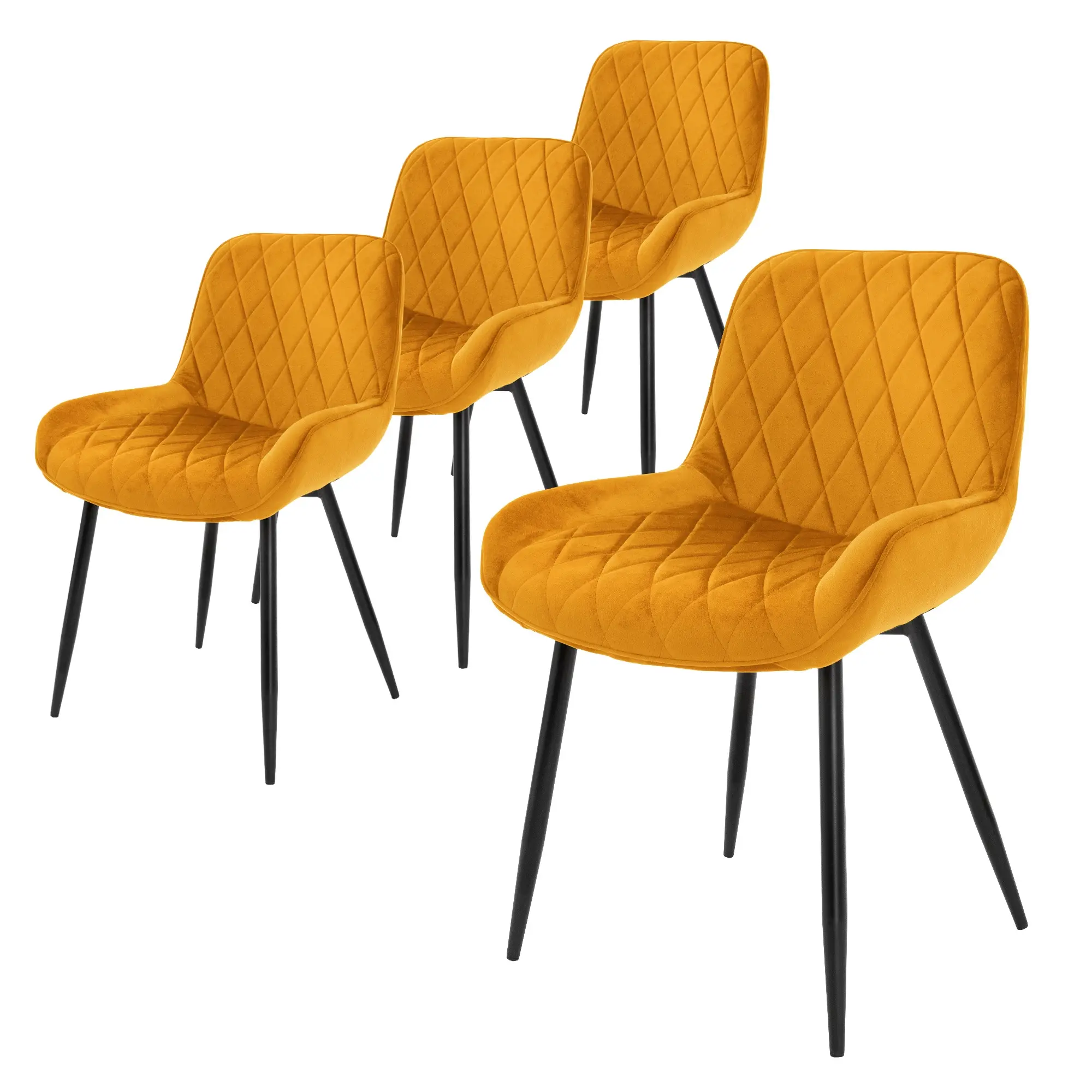 Lot de 4 chaises de salle à manger moutarde assise ergonomique revêtement en velours respirant doux pieds noir en métal protections de sol prémontées