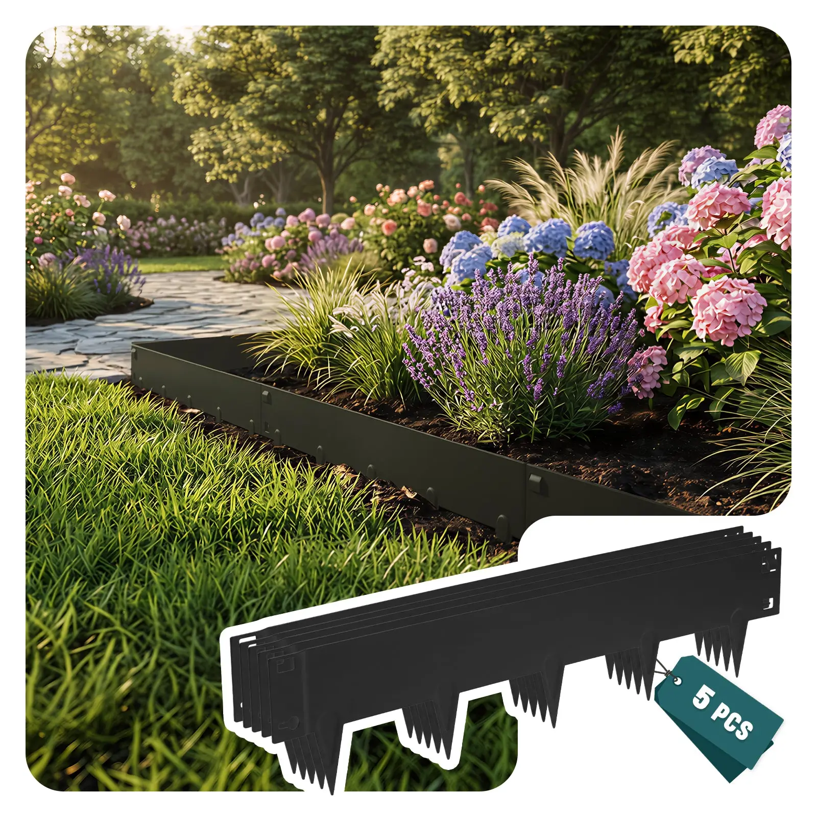 Lot de 5 Bordure de jardin en métal galvanisé 106x18cm noir – épaisseur 1.5mm – clôture flexible et résistante 5M – VOUNOT®