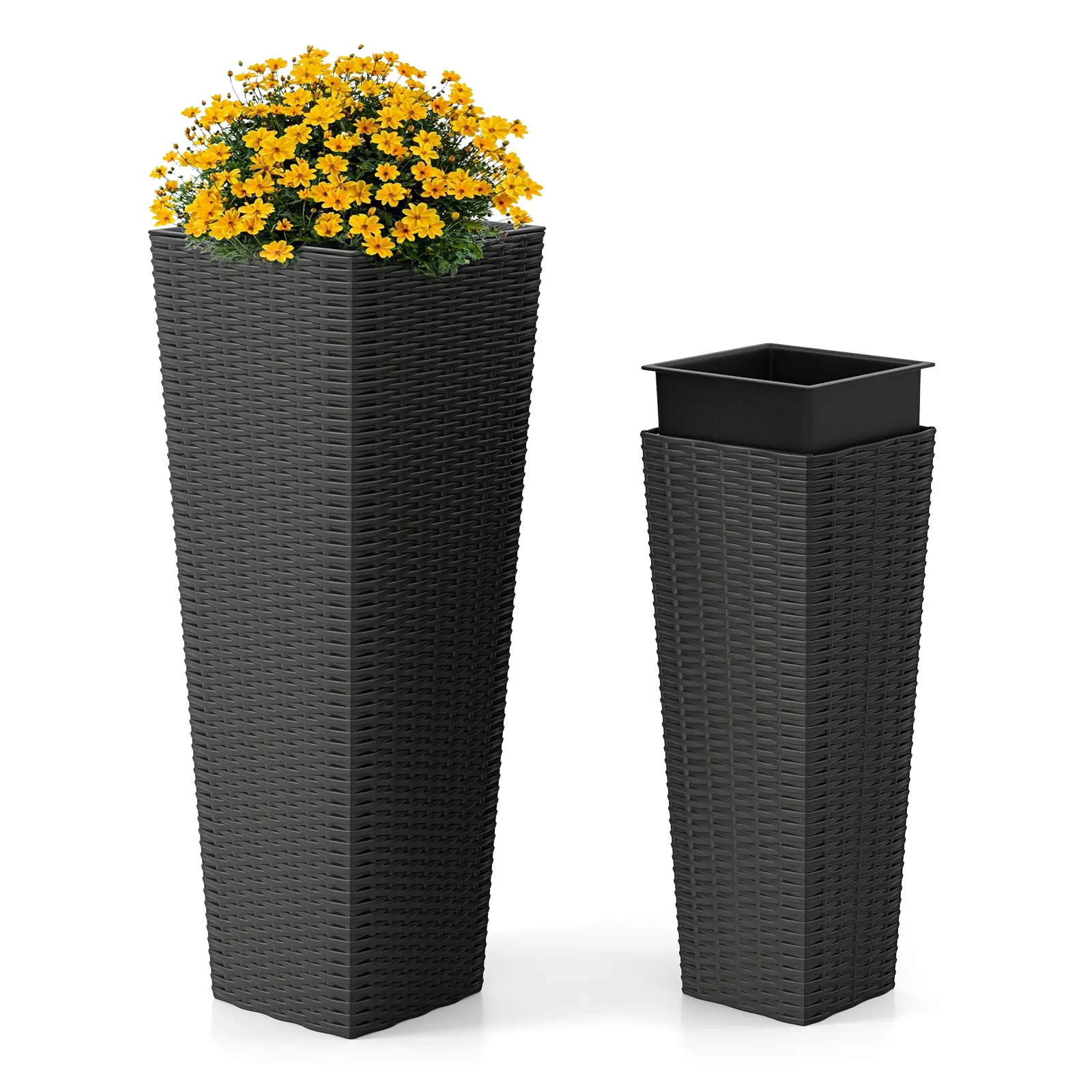 Lot de 2 Pots à Plantes en Rotin PP, Ensemble de Grands Jardinières d’Extérieur avec Bacs Intérieurs Amovibles Trous de Drainage, Noir