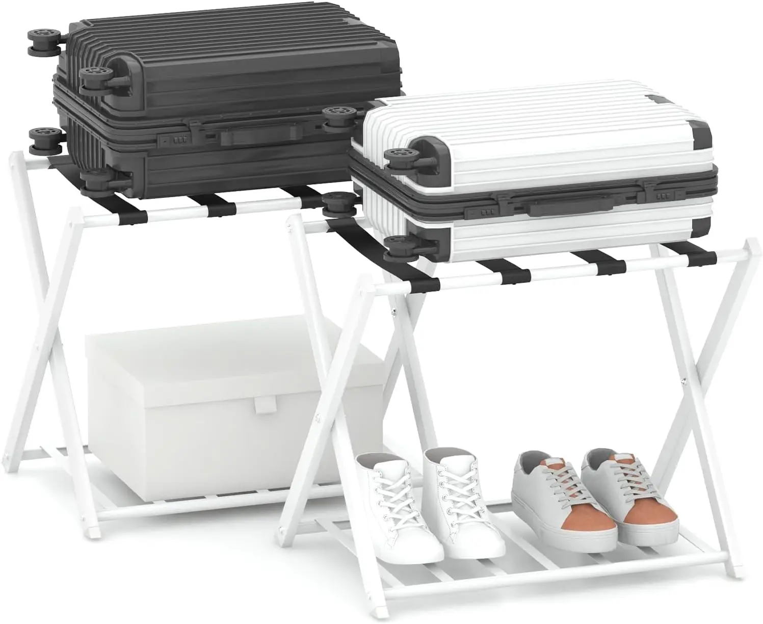 Lot de 2 Porte-valises Pliants, Porte-Bagages avec 2 Étagères, Support de Valise Pliable en Métal Robuste, Charge Total 60 kg, Blanc