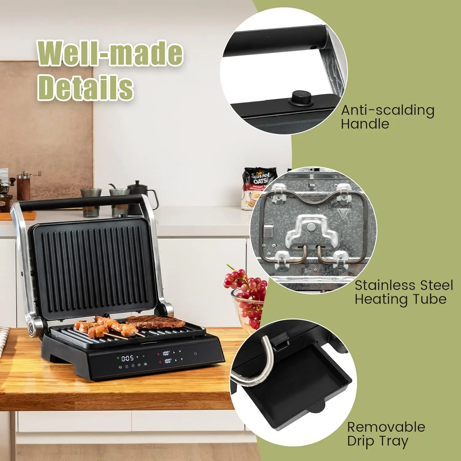 Grill Multifonction Electrique 1200W Tactile Intelligent Ouverture à 180°, Minuterie 4H