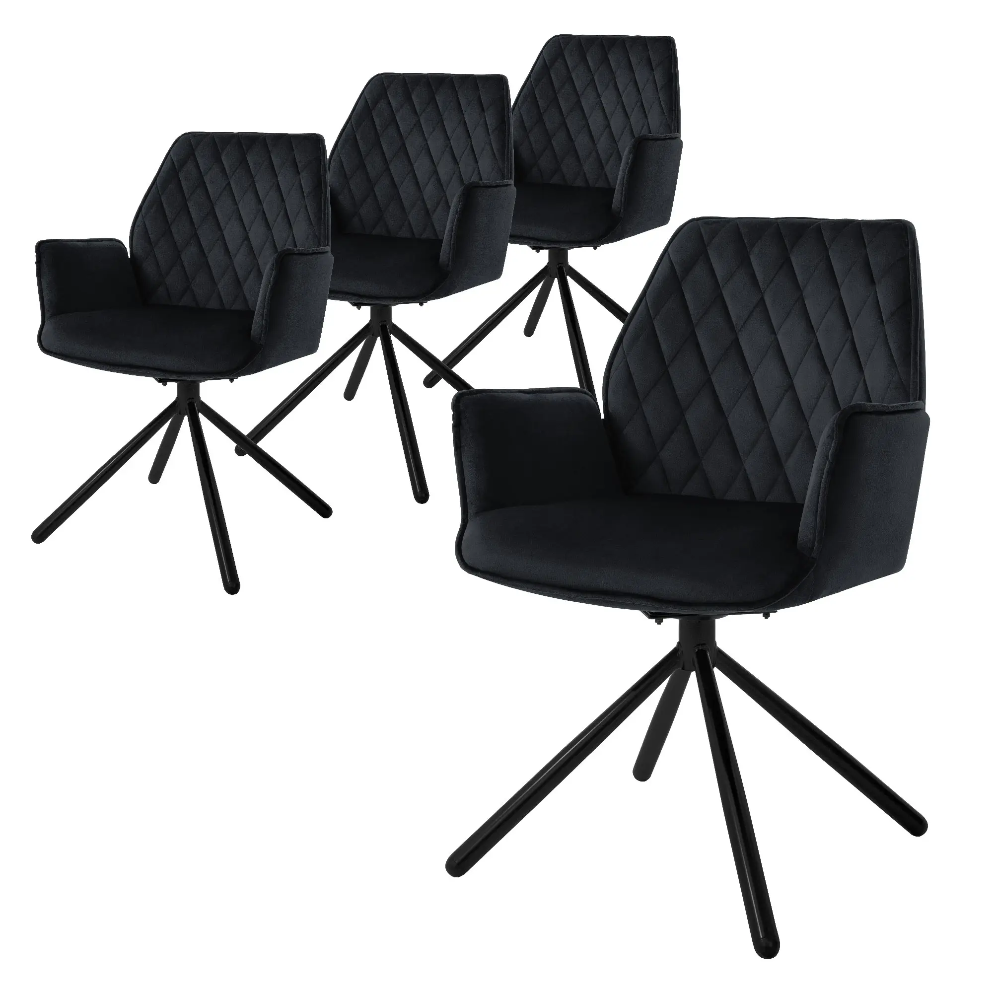 Lot de 4 chaises de salle à manger noir pivotante avec dossier et accoudoirs ergonomiques revêtement en velours structure noir en métal design élégant