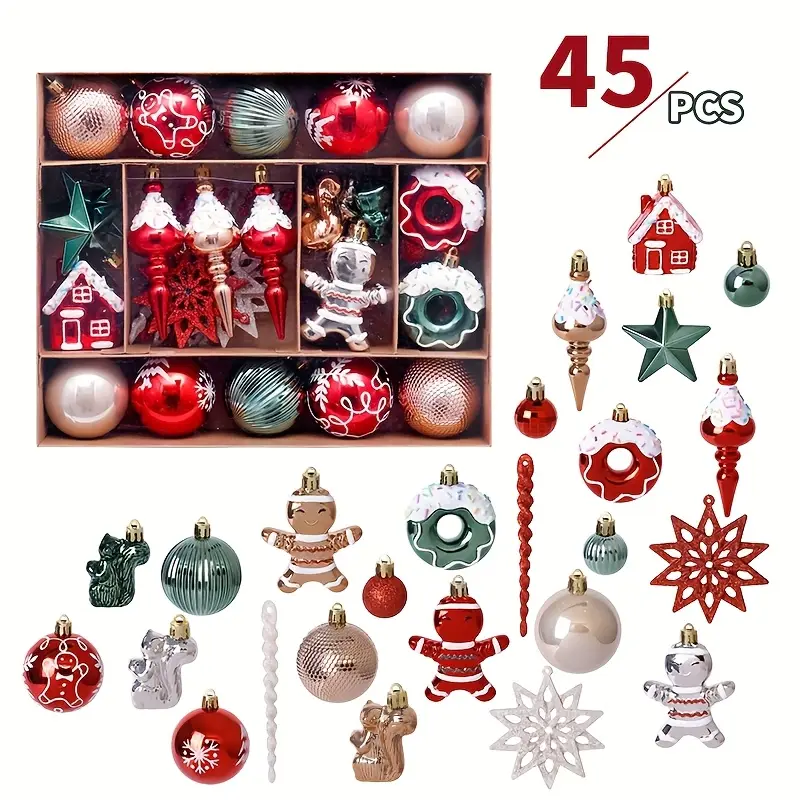 Lot de 45 boules de Noël en plastique galvanisé, forme unique, pour fêtes, sapin de Noël, décoration à suspendre pour la maison
