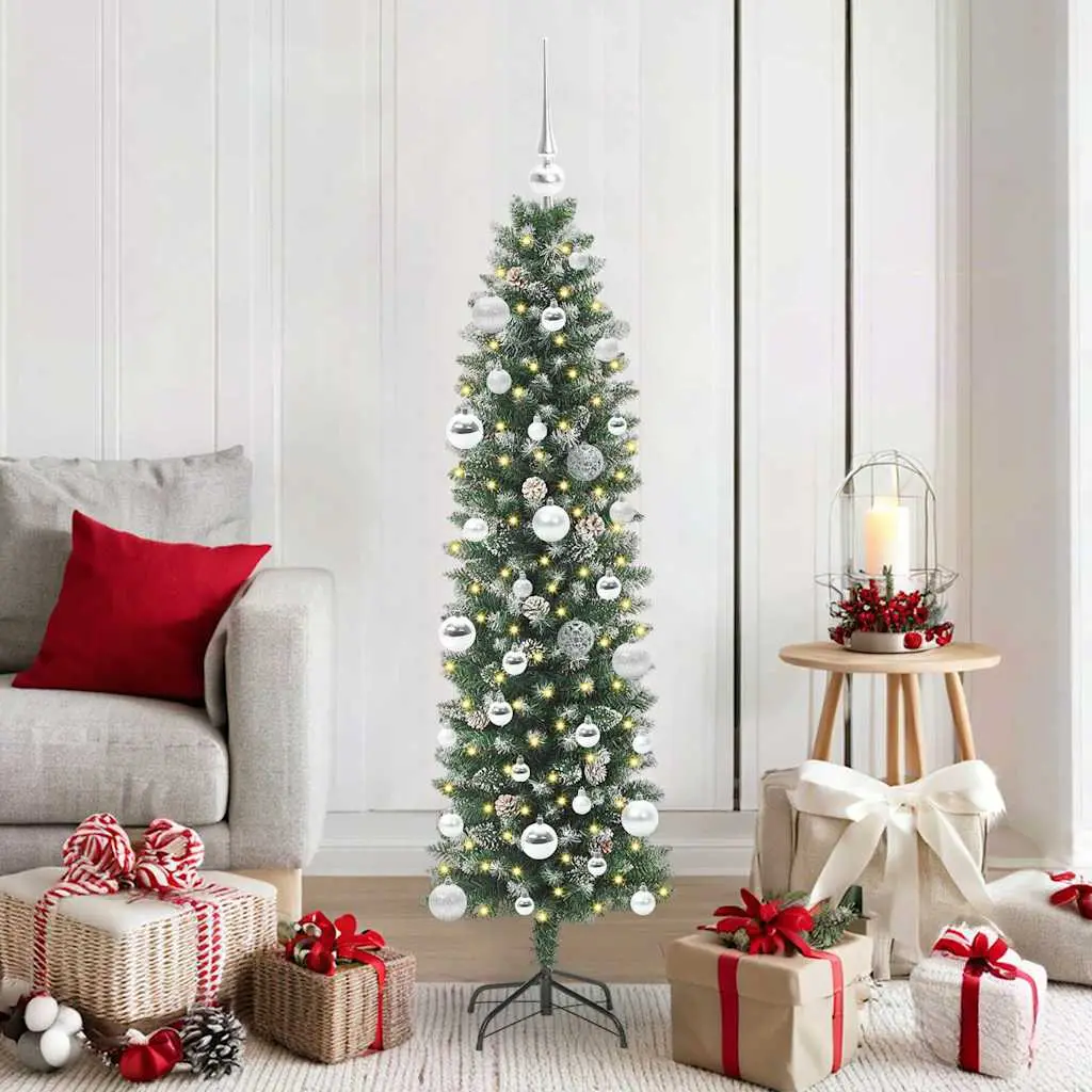 Grand Sapin de Noël Slim 150 cm Floqué, Kit Décoration Tout