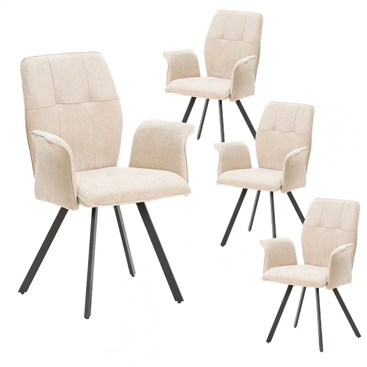 Lot de 4 Fauteuils Tissu Beige Effet Tricoté Pieds Métal Noir – SELMA