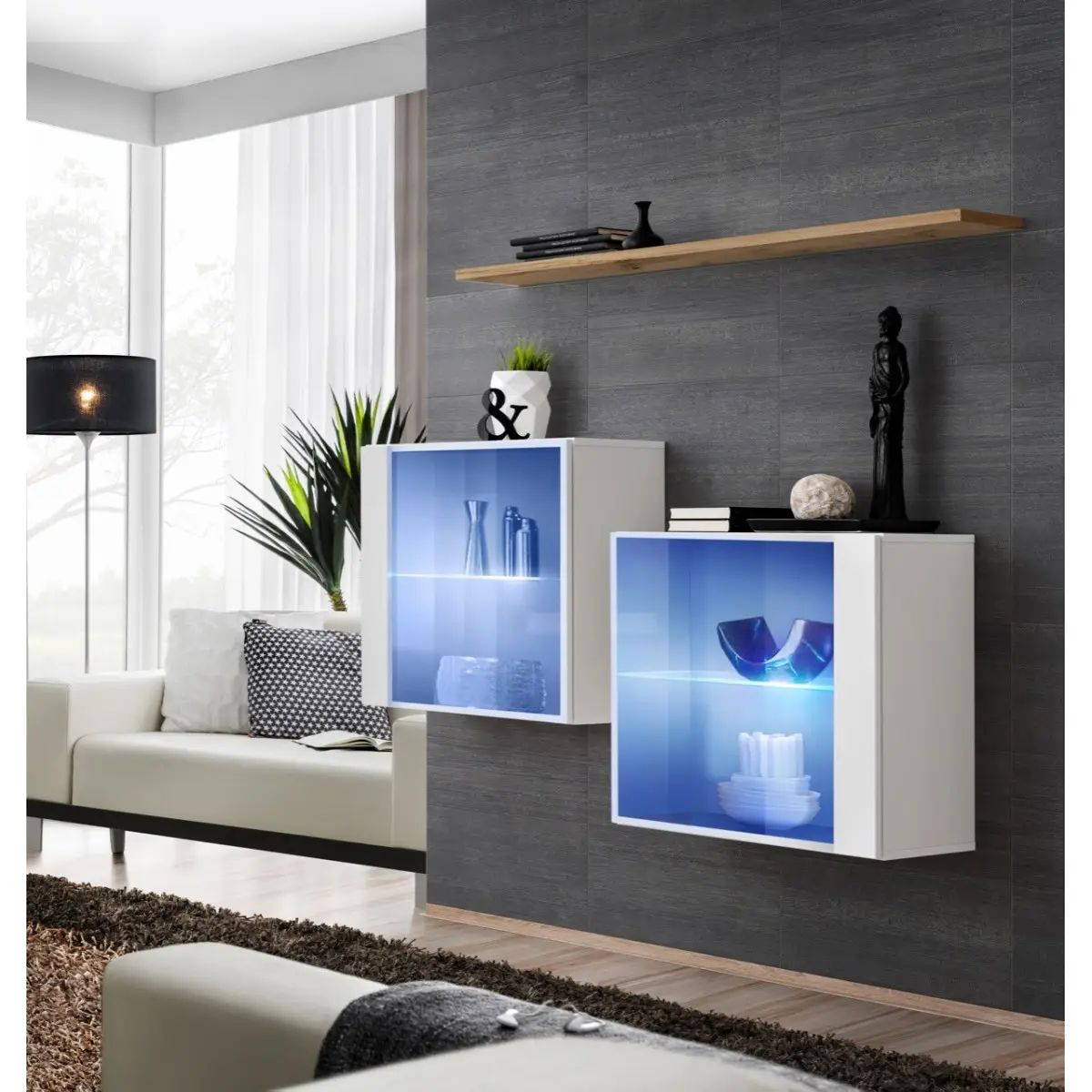 Lot de 2 Vitrines Murales & Étagère «Switch SBIII» 130cm Blanc & Naturel
