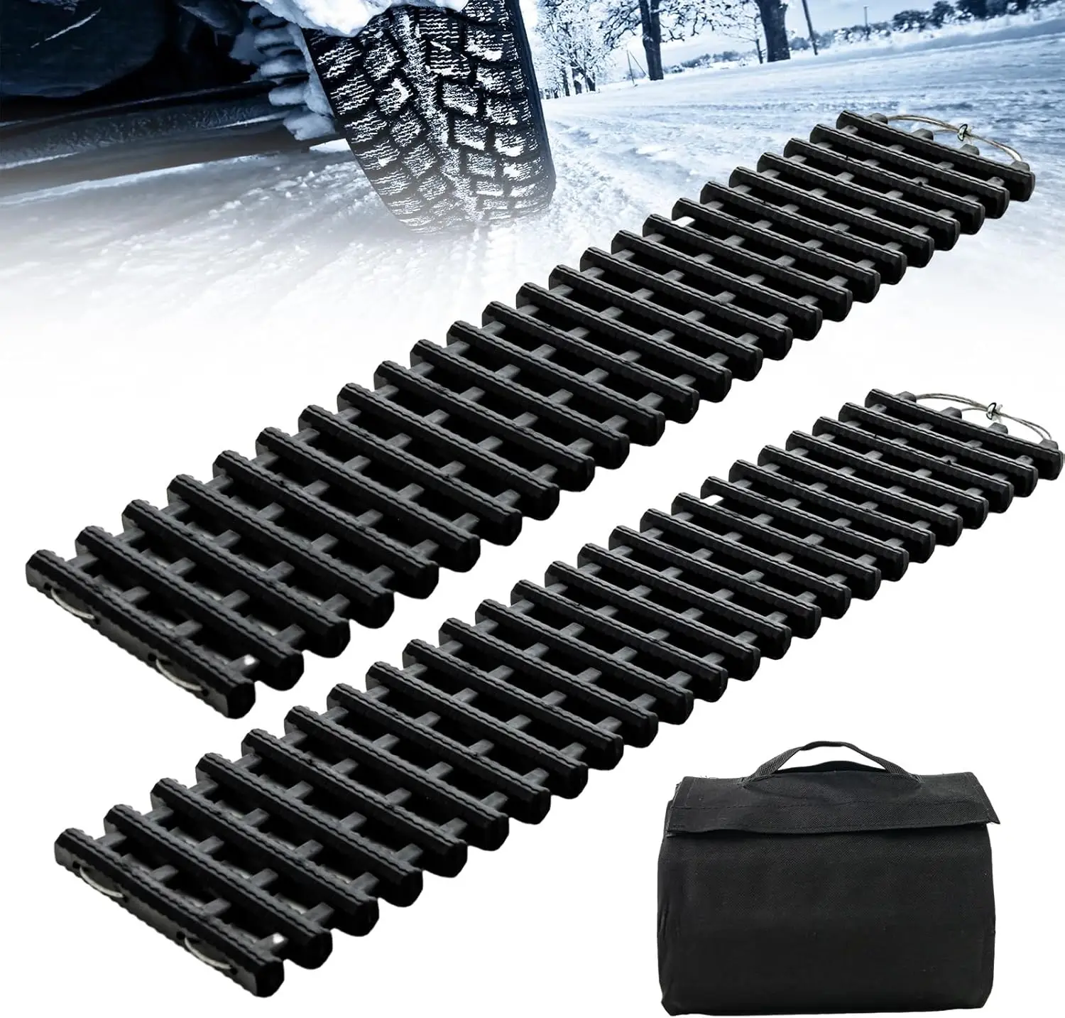 Lot de 2 Tapis de Traction pour Pneus, Planche de Traction Enroulable avec Sac pour Voiture (98 cm)