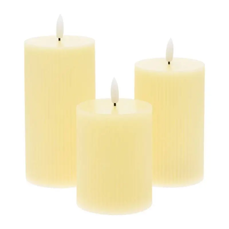 Lot de 3 Bougies à LED Cylindriques striées Ivoire flamme 3D avec Télécommande pas cher Lotti
