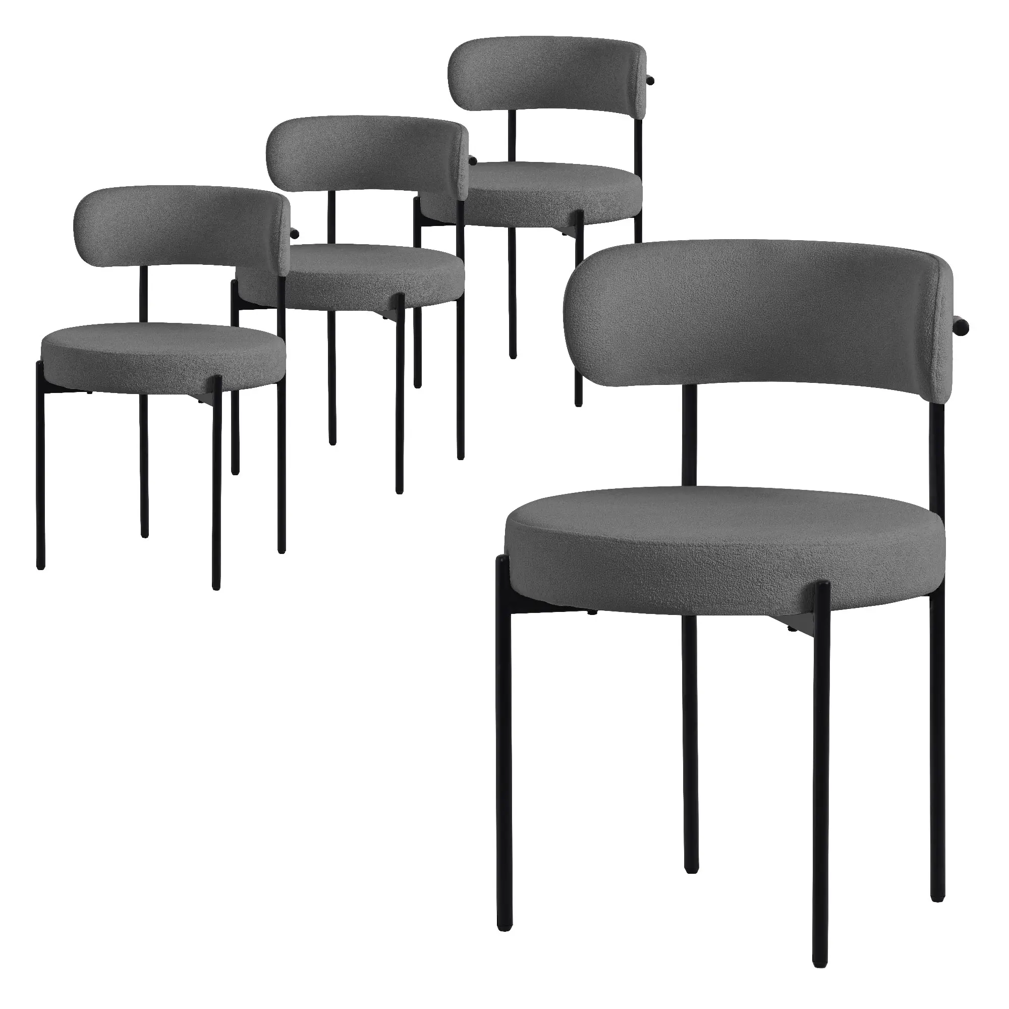Lot de 4 chaises de salle à manger gris avec dossier ergonomique revêtement en tissu teddy doux en polyester piètement noir en acier design élégant