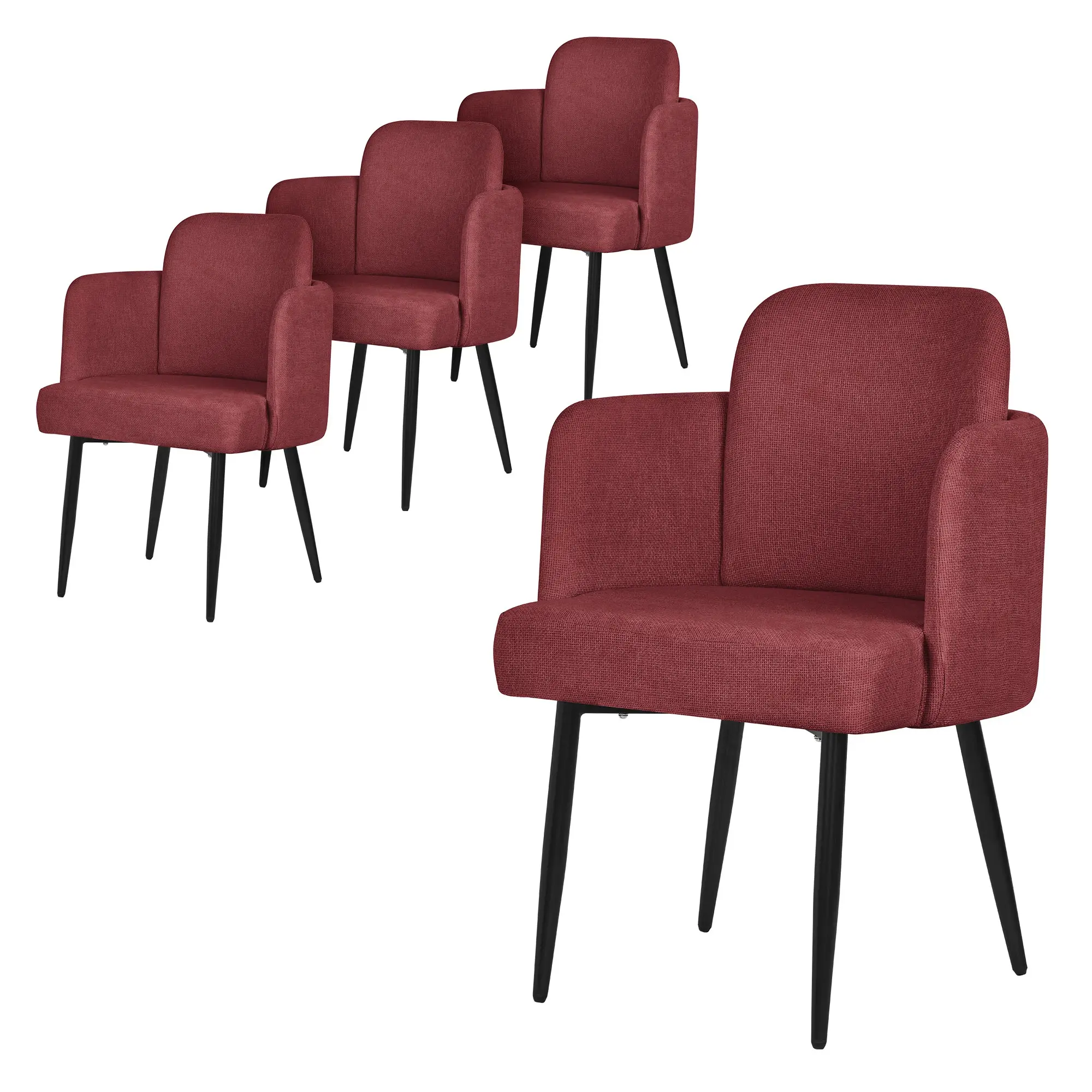 Lot de 4 chaises salle à manger en tissu rouge avec accoudoirs et dossier aspect rotin pieds en métal assise rembourrée fauteuils ergonomiques cuisine