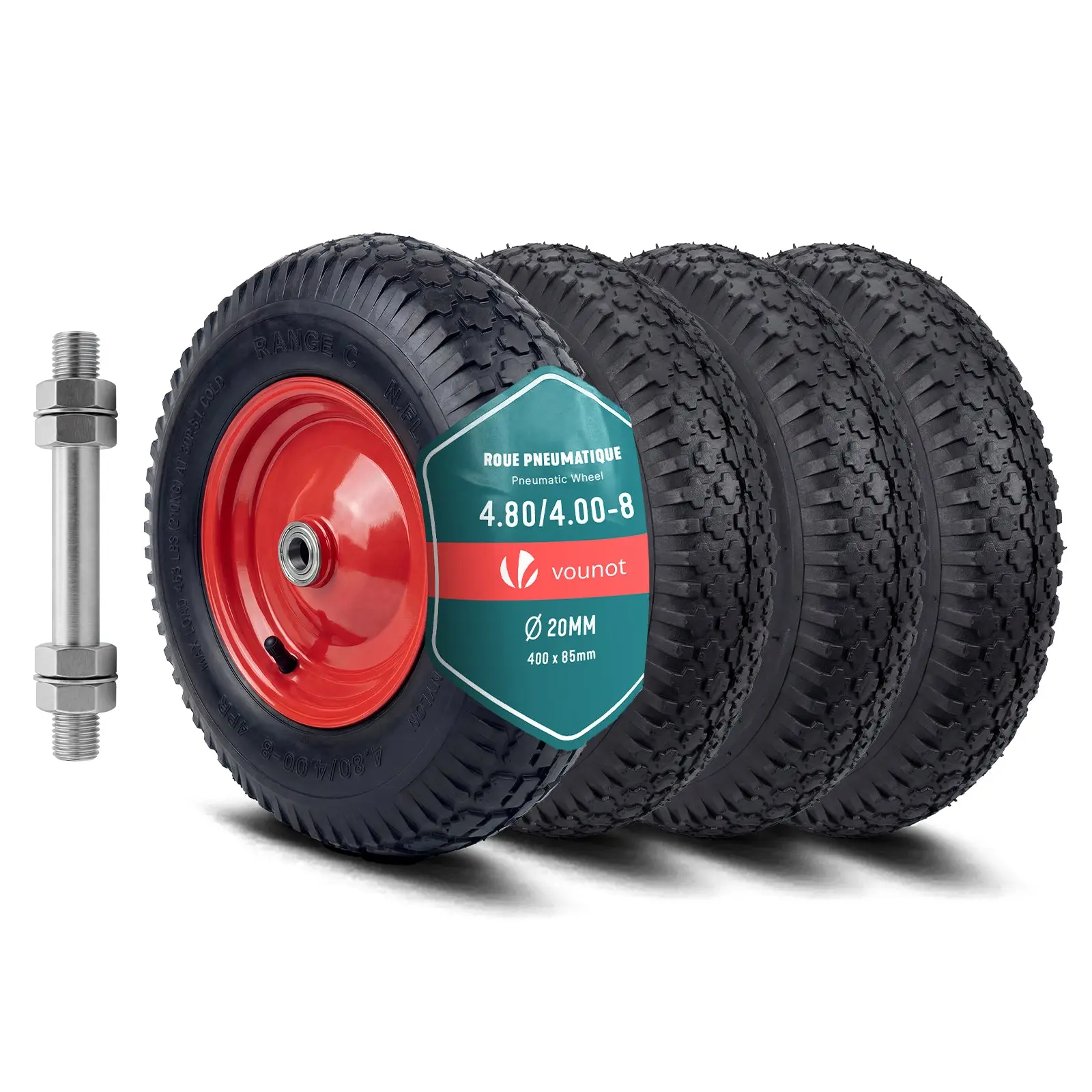 Lot de 4 Roue gonflable robuste 4.80/4.00-8 pour chariot brouette alesage 20mm 400x85mm rouge