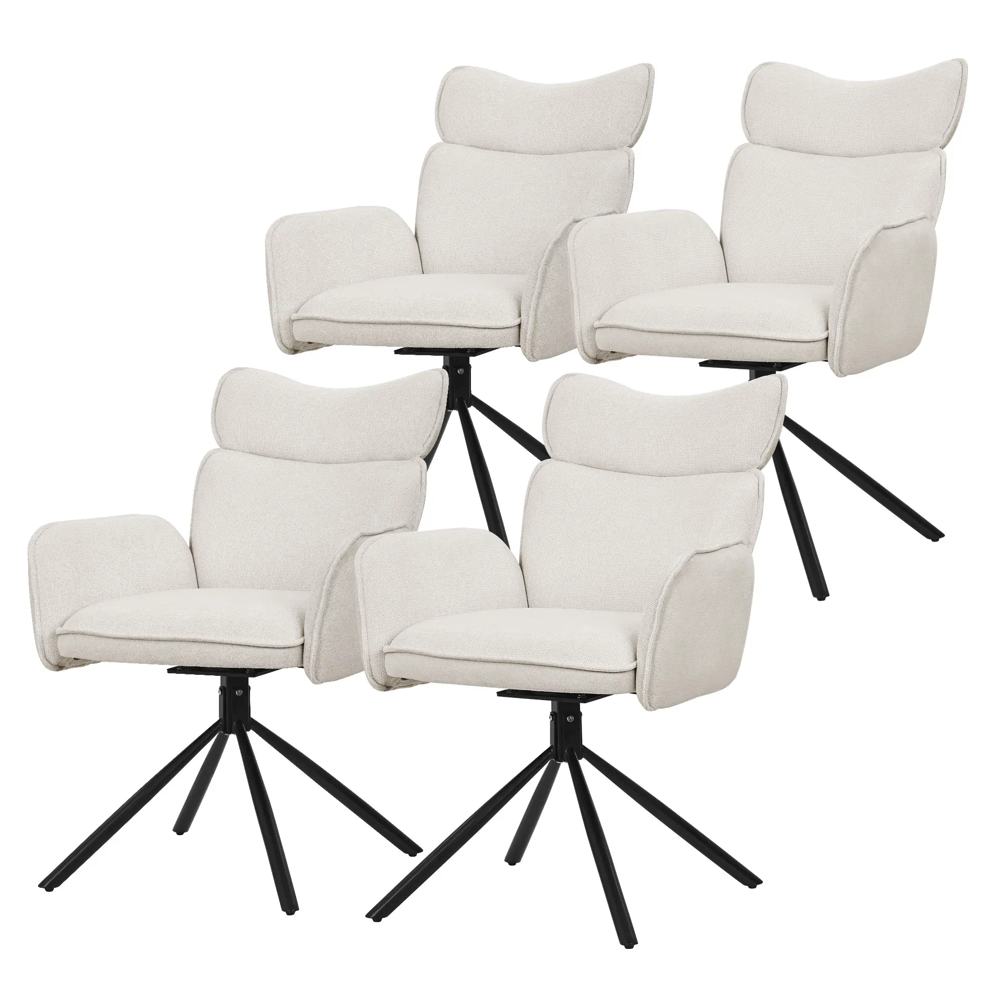Lot de 4 chaises pivotantes en tissu beige avec accoudoirs et dossier ergonomique fauteuils à rotation 360° pieds en métal noir sièges salle à manger