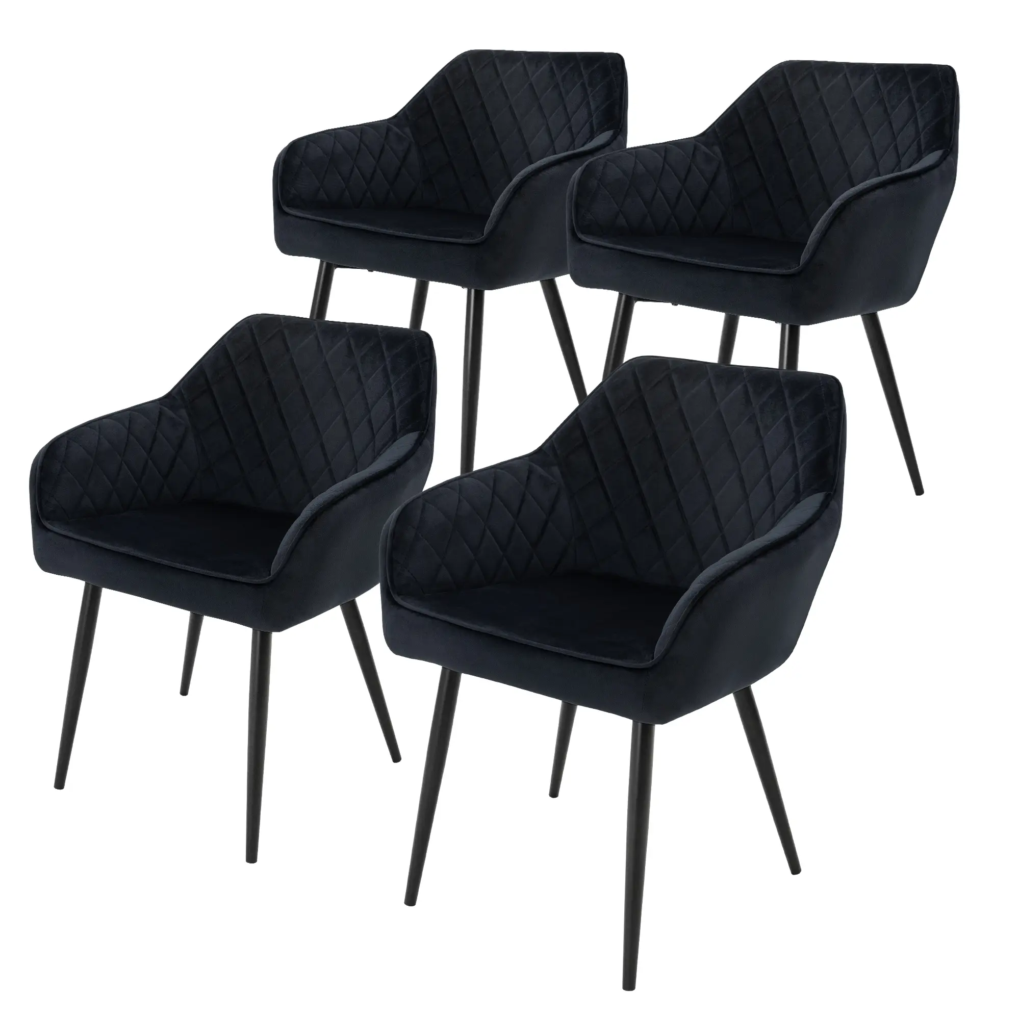 Lot de 4 chaises de salle à manger noir dossier et accoudoirs ergonomiques revêtement en velours respirant pieds noir en acier design moderne