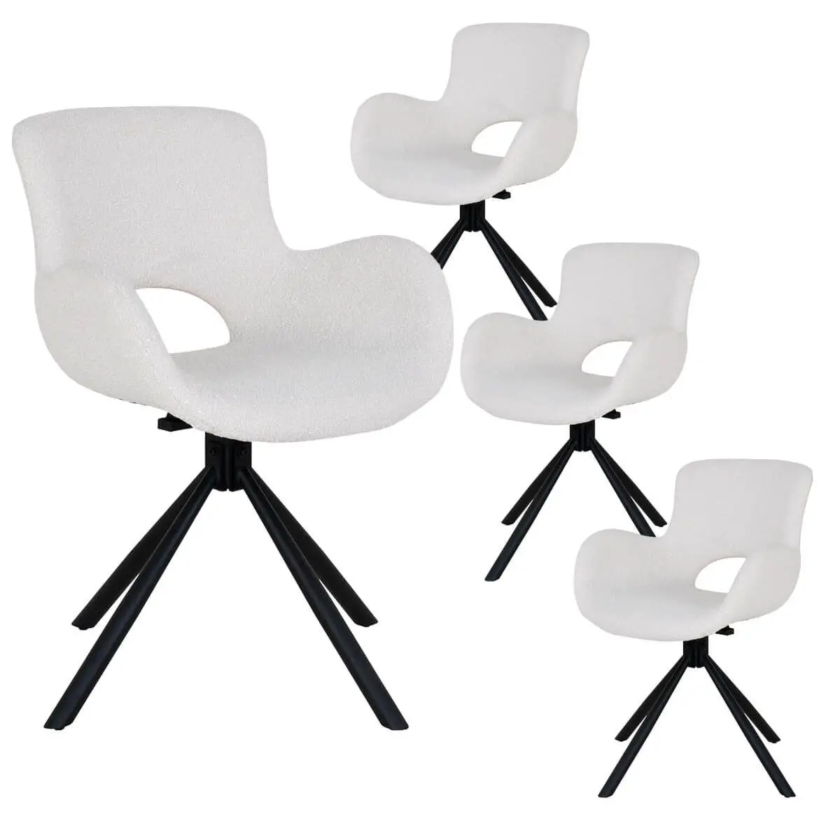 Lot de 4 Fauteuils de Table Tissu Bouclé Blanc Pied Pivotant Métal Noir – HERMOS
