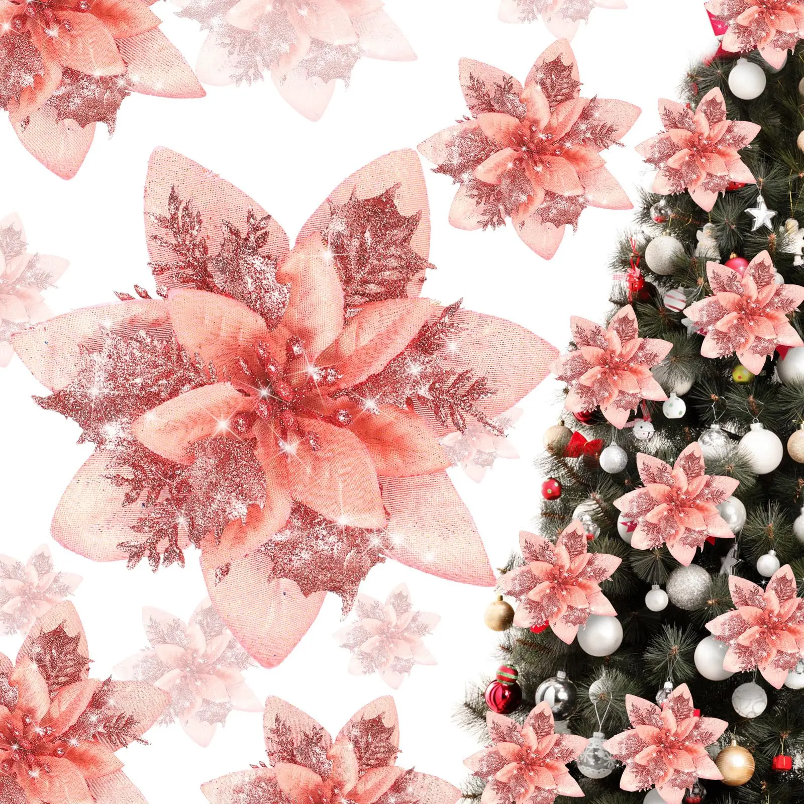 Lot de 20 décorations de Noël, fleurs artificielles scintillantes avec clips, décorations pour sapin de Noël, pendentifs de fleurs artificielles