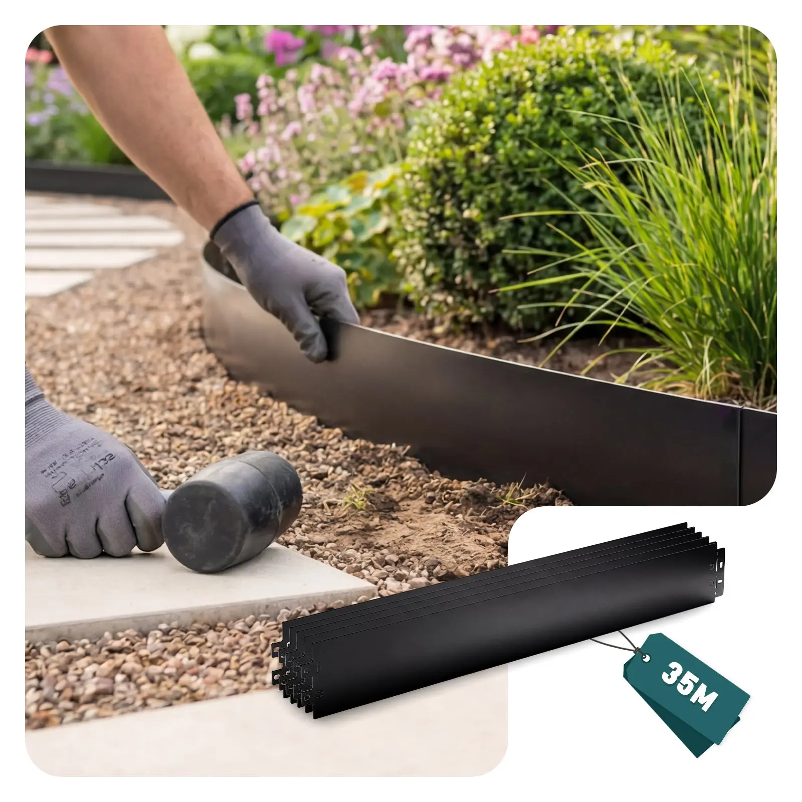 Lot de 35 Bordure de jardin en métal flexible 100x13cm noir – clôture gazon antirouille 35m – VOUNOT®