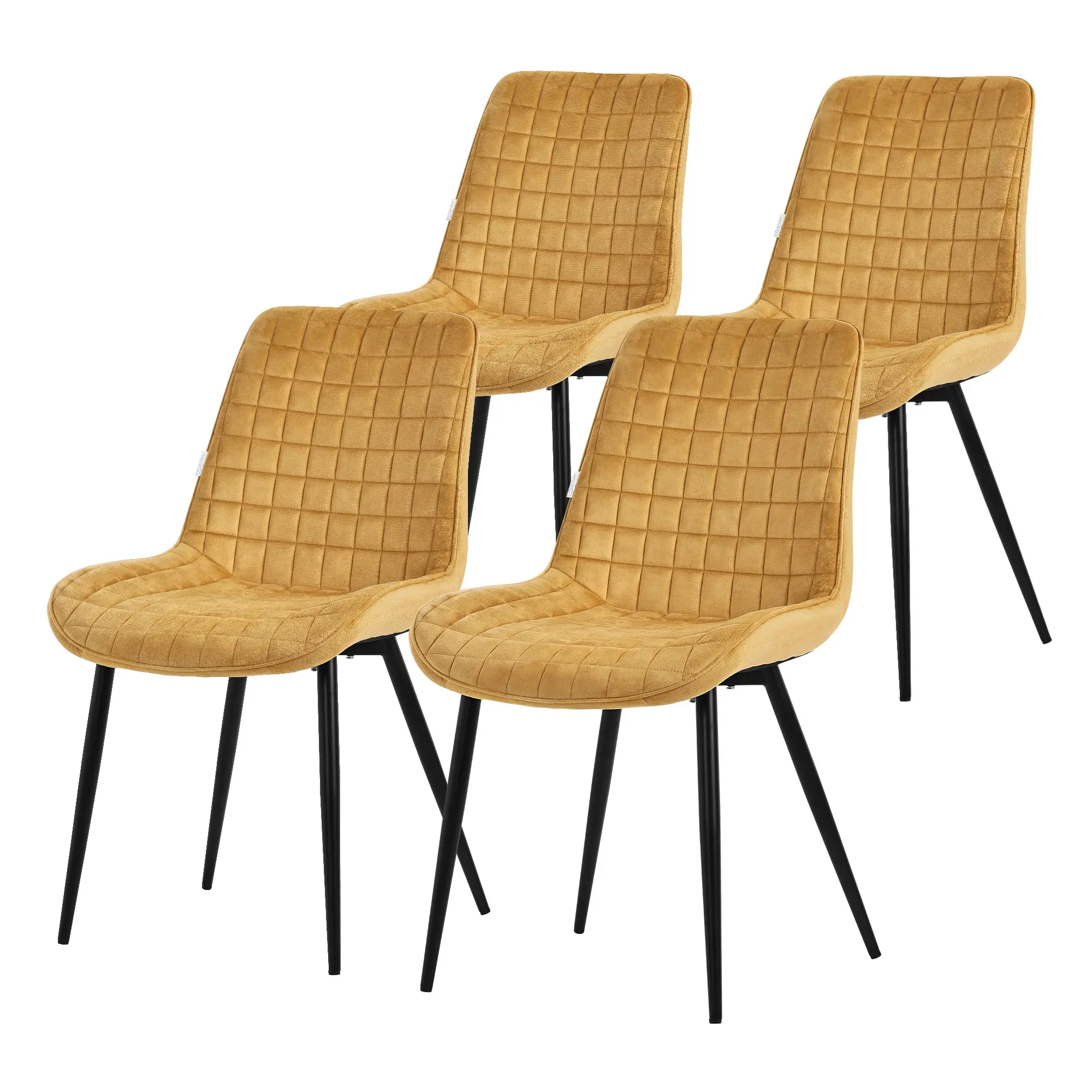 Lot de 4 chaises de salle à manger moutarde assise ergonomique revêtement en velours respirant pieds noir en acier patins pré-montés design raffiné