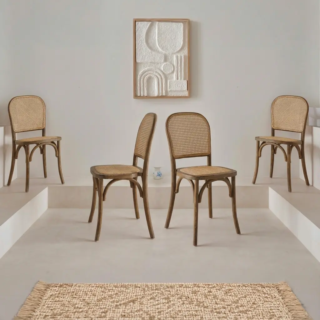Lot de 4 chaises vintage en bois avec assise et dossier en rotin. coloris marron vieilli. L 44.5 x P 48 x H 89.5cm | sweeek