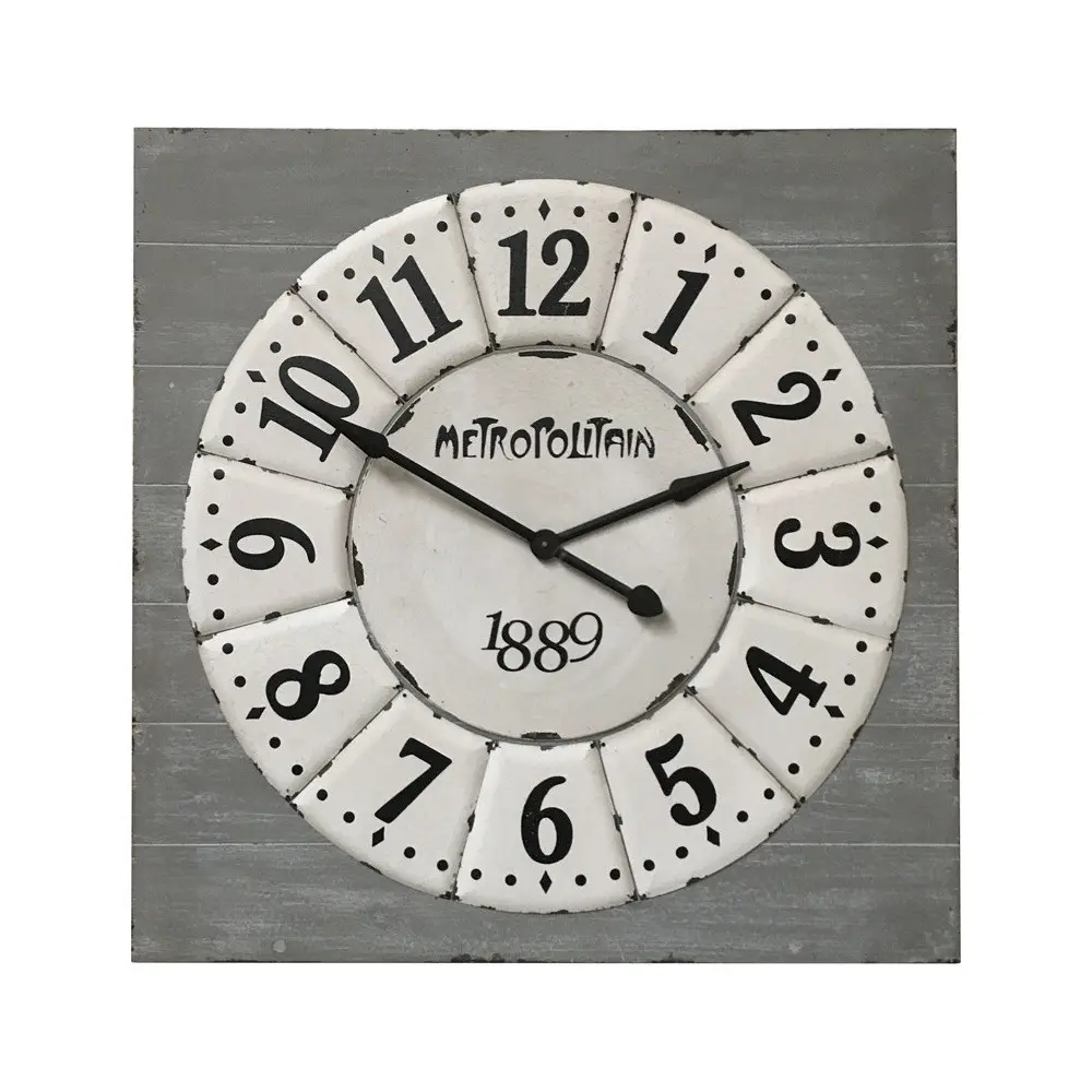 ~ Grande horloge murale décorative vintage salon bois blanc gris 96 cm Chemin de campagne