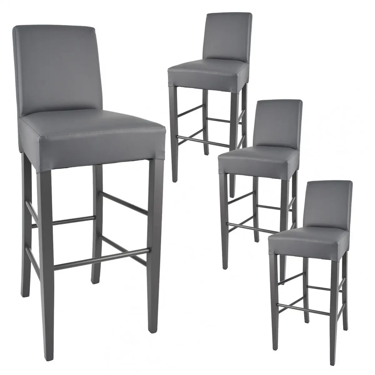 Lot de 4 Tabourets Laqués Gris et Assise Simili Cuir Gris – TONY