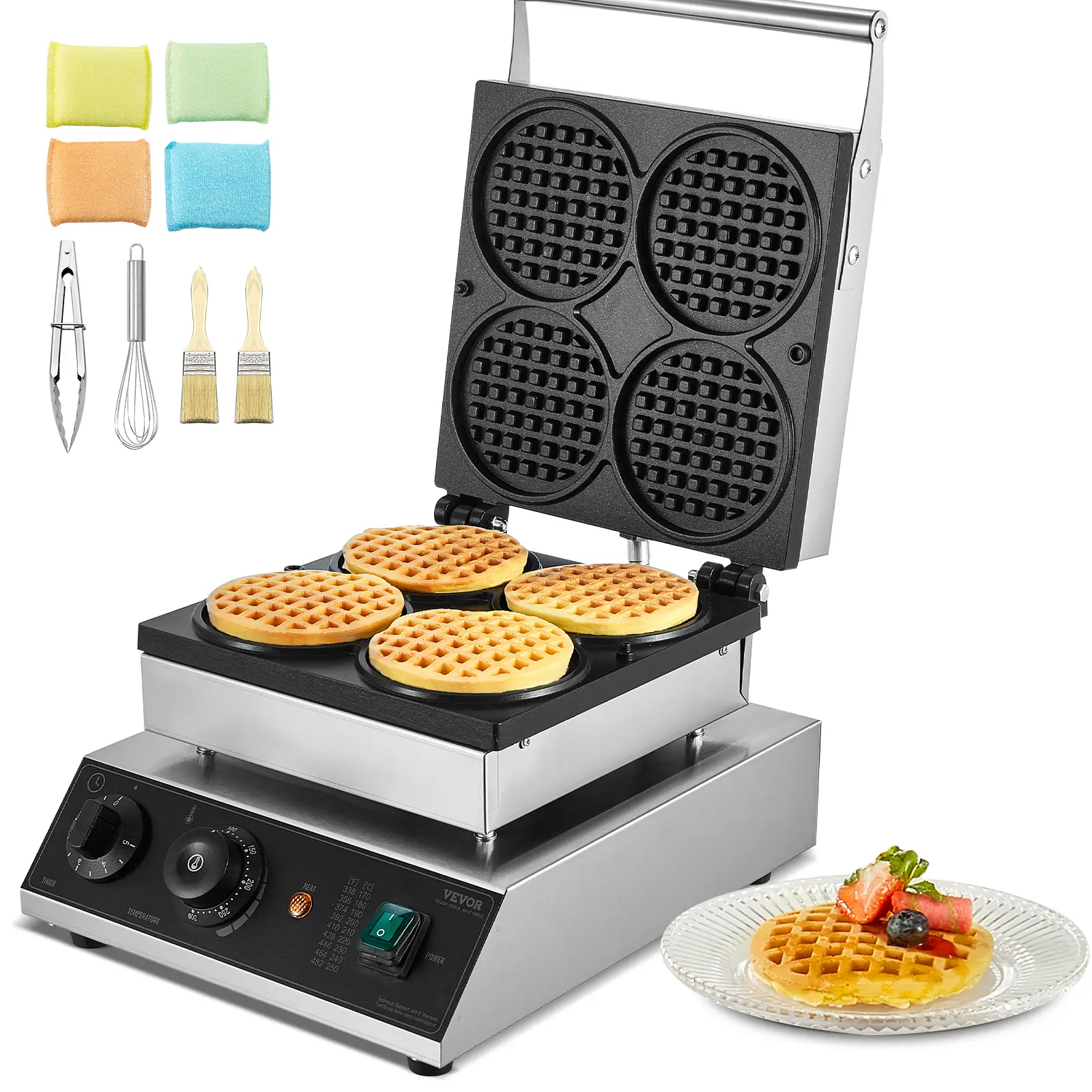 VEVOR Gaufrier commercial 1750W, appareil gaufres rondes capacité 4 PCs, inox.