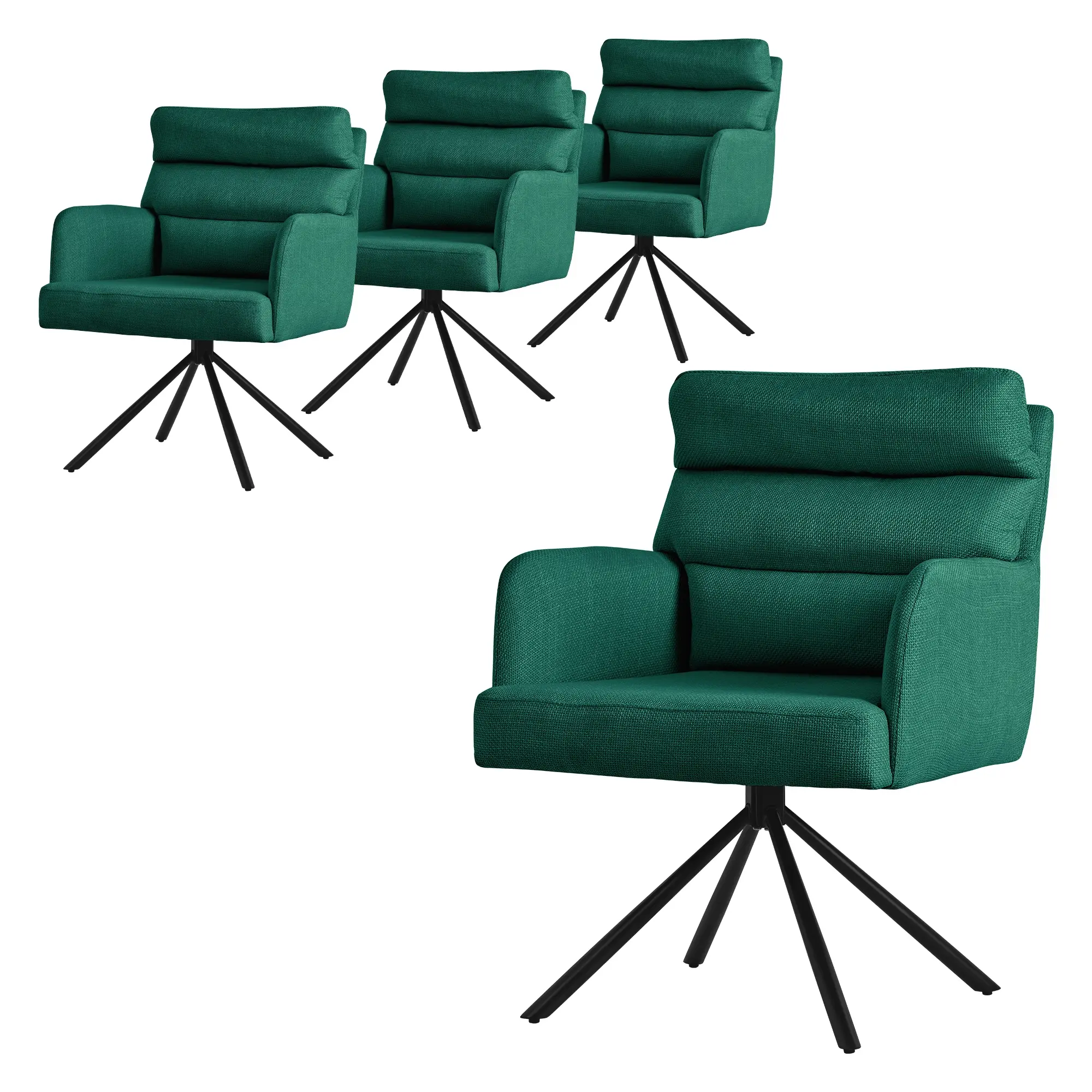 Lot de 4 chaises de salle à manger vert foncé pivotante avec dossier et accoudoirs ergonomiques revêtement en polyester piètement noir en acier