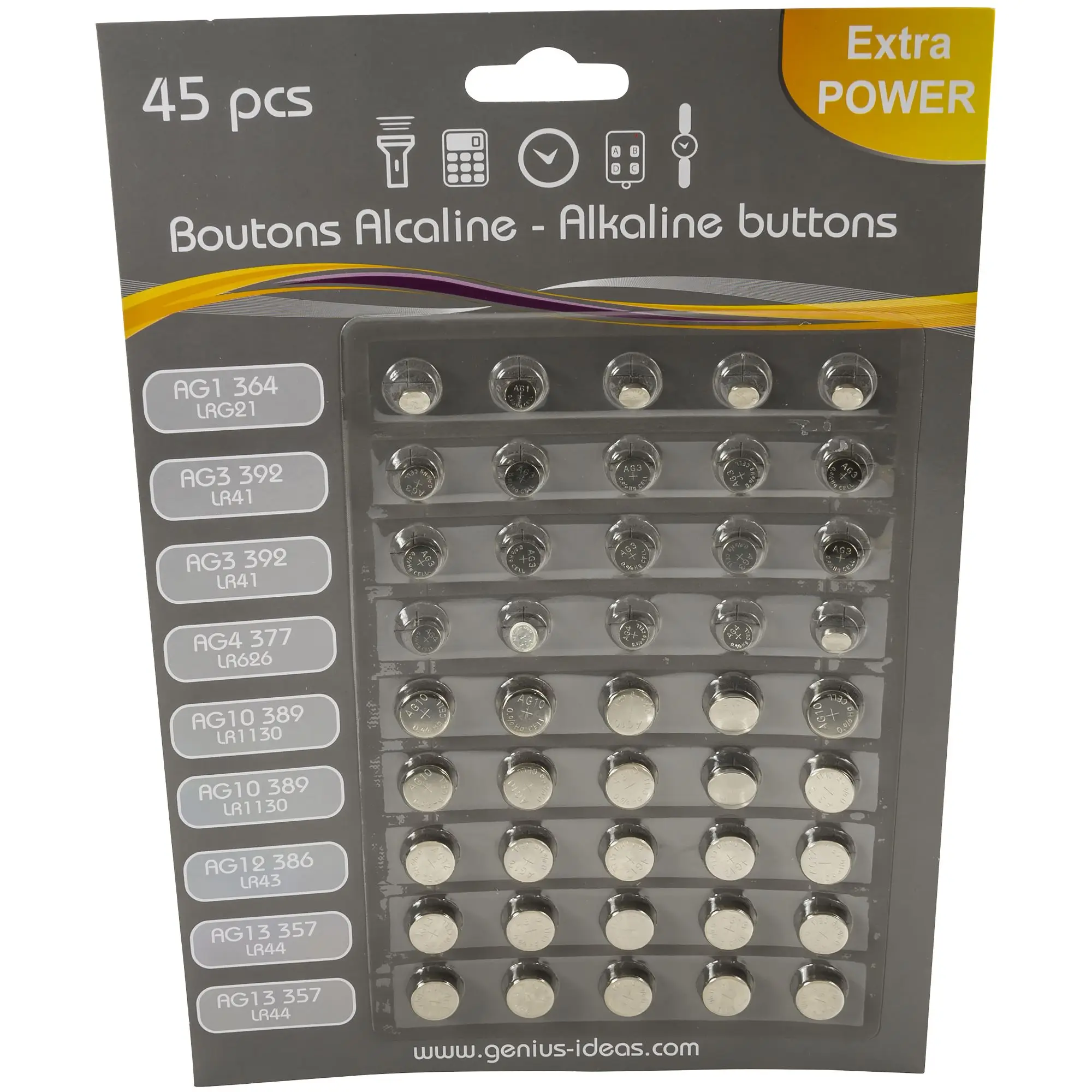 Lot de 45 piles boutons alkalines